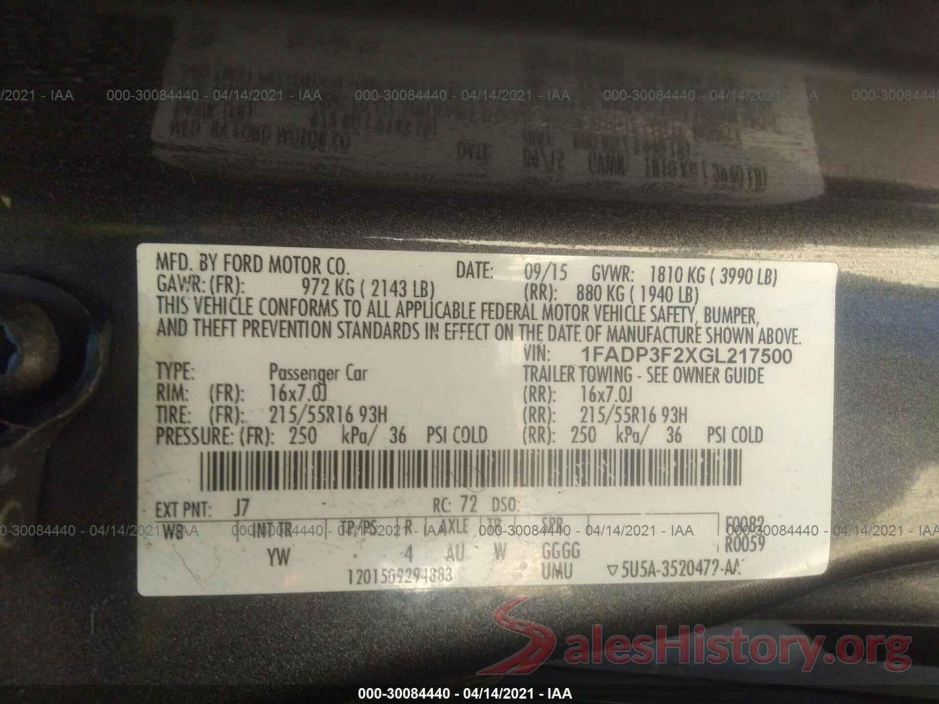 1FADP3F2XGL217500 2016 FORD FOCUS