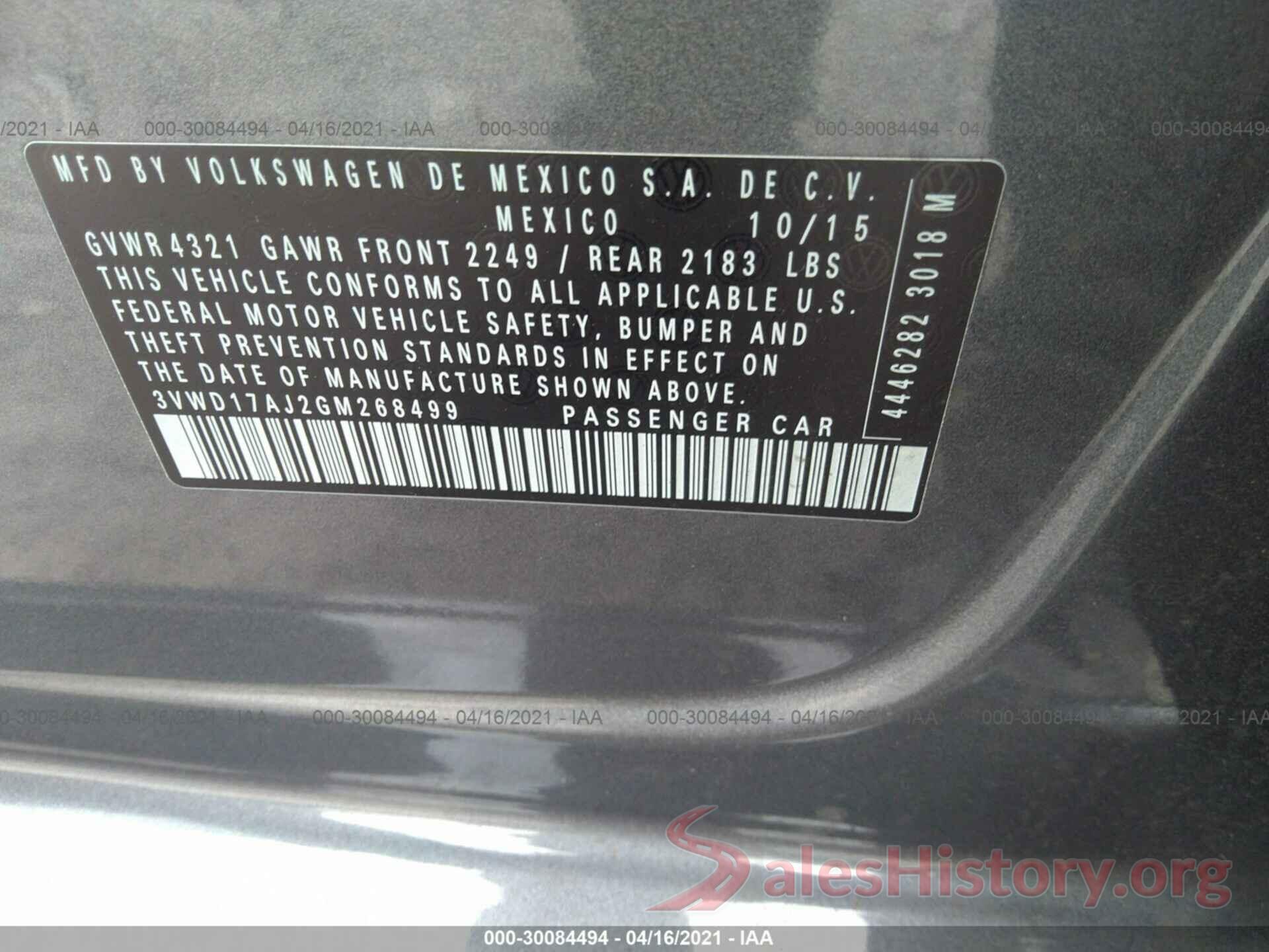 3VWD17AJ2GM268499 2016 VOLKSWAGEN JETTA SEDAN