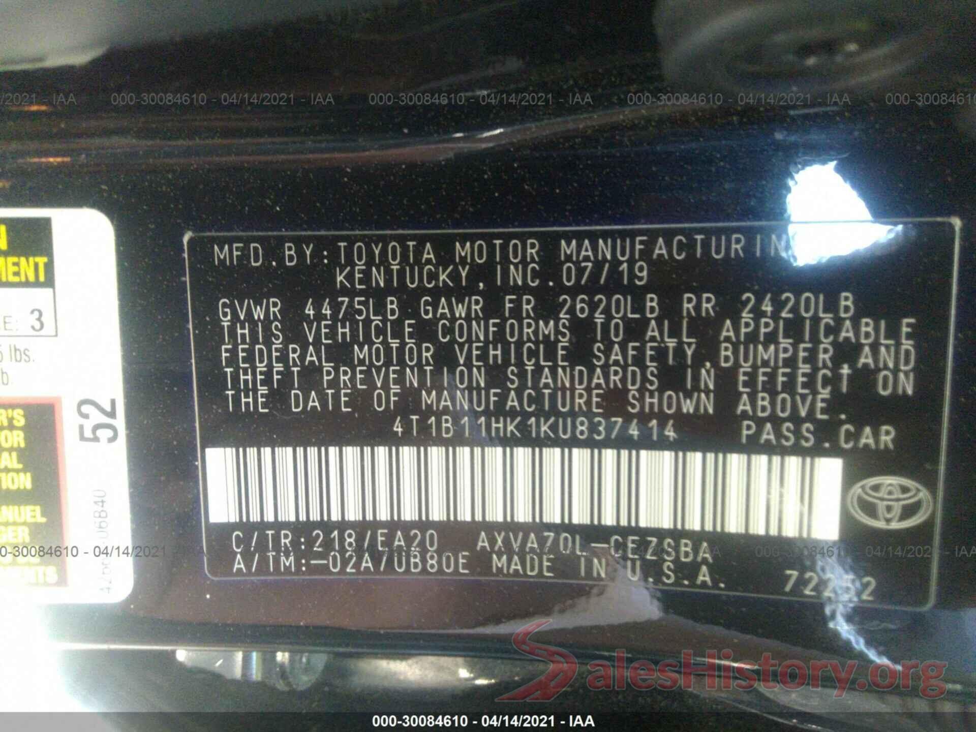 4T1B11HK1KU837414 2019 TOYOTA CAMRY