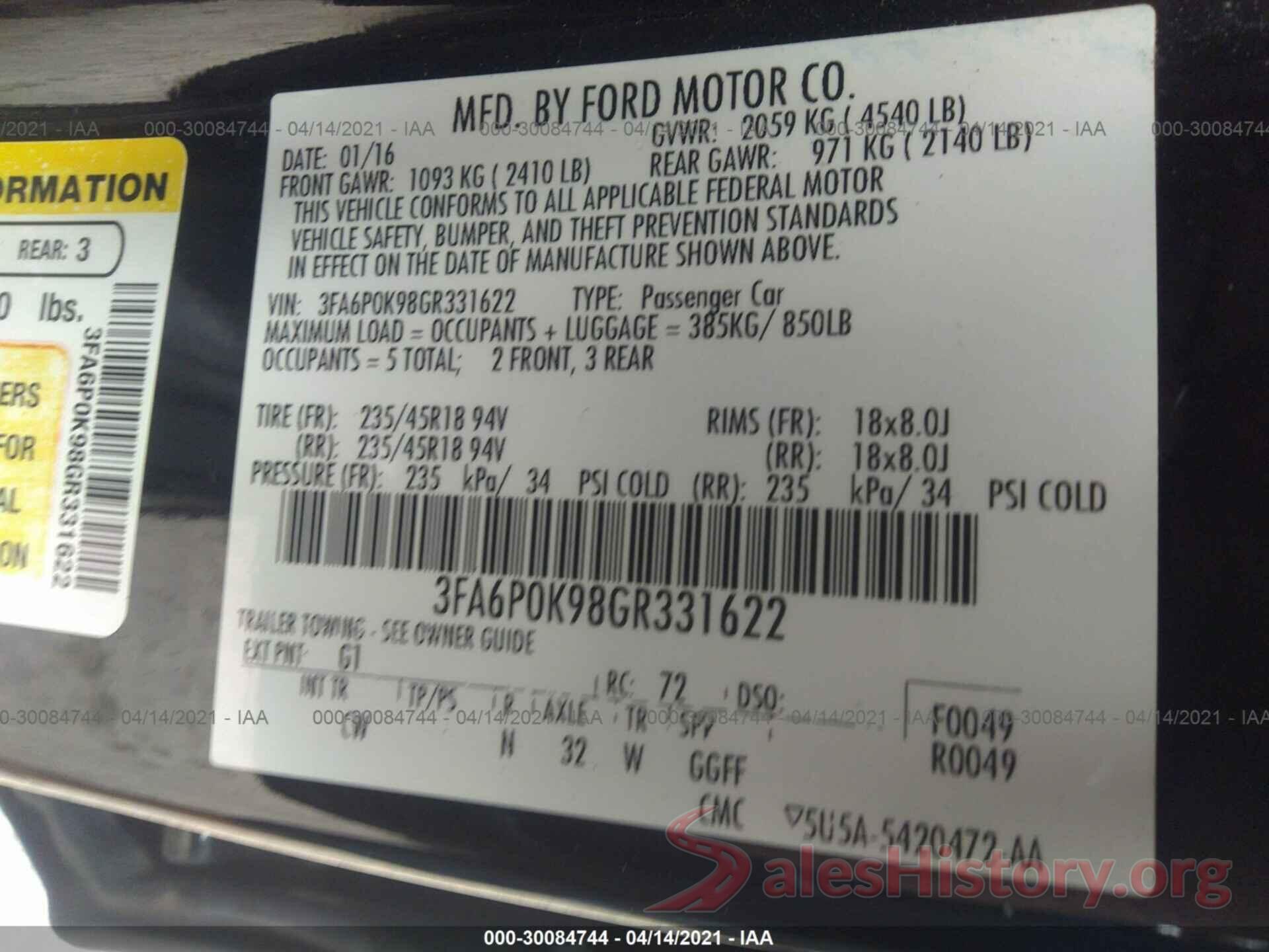 3FA6P0K98GR331622 2016 FORD FUSION