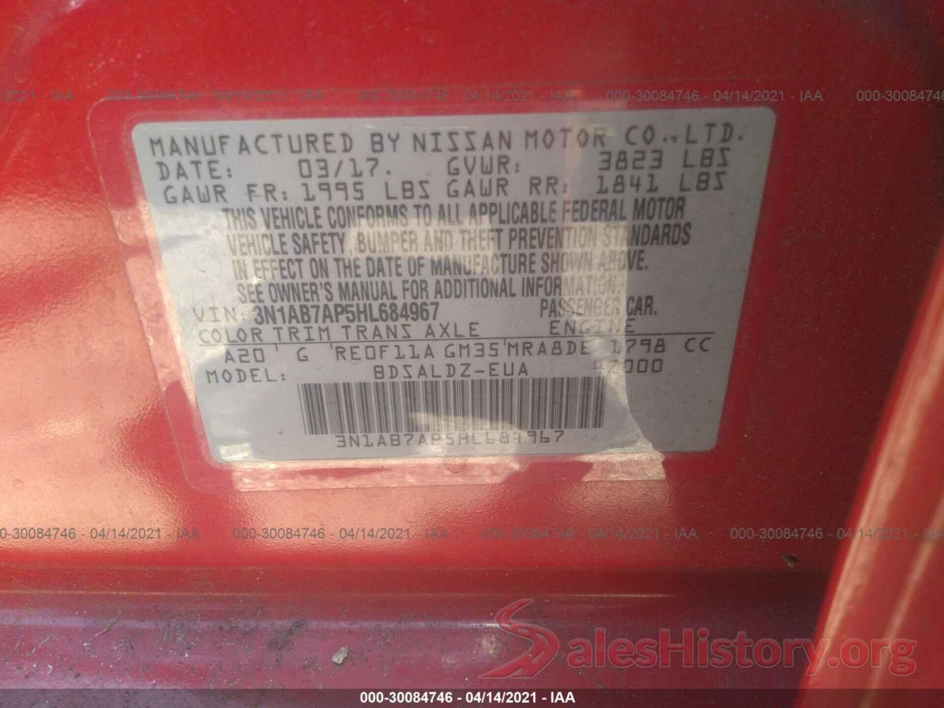 3N1AB7AP5HL684967 2017 NISSAN SENTRA