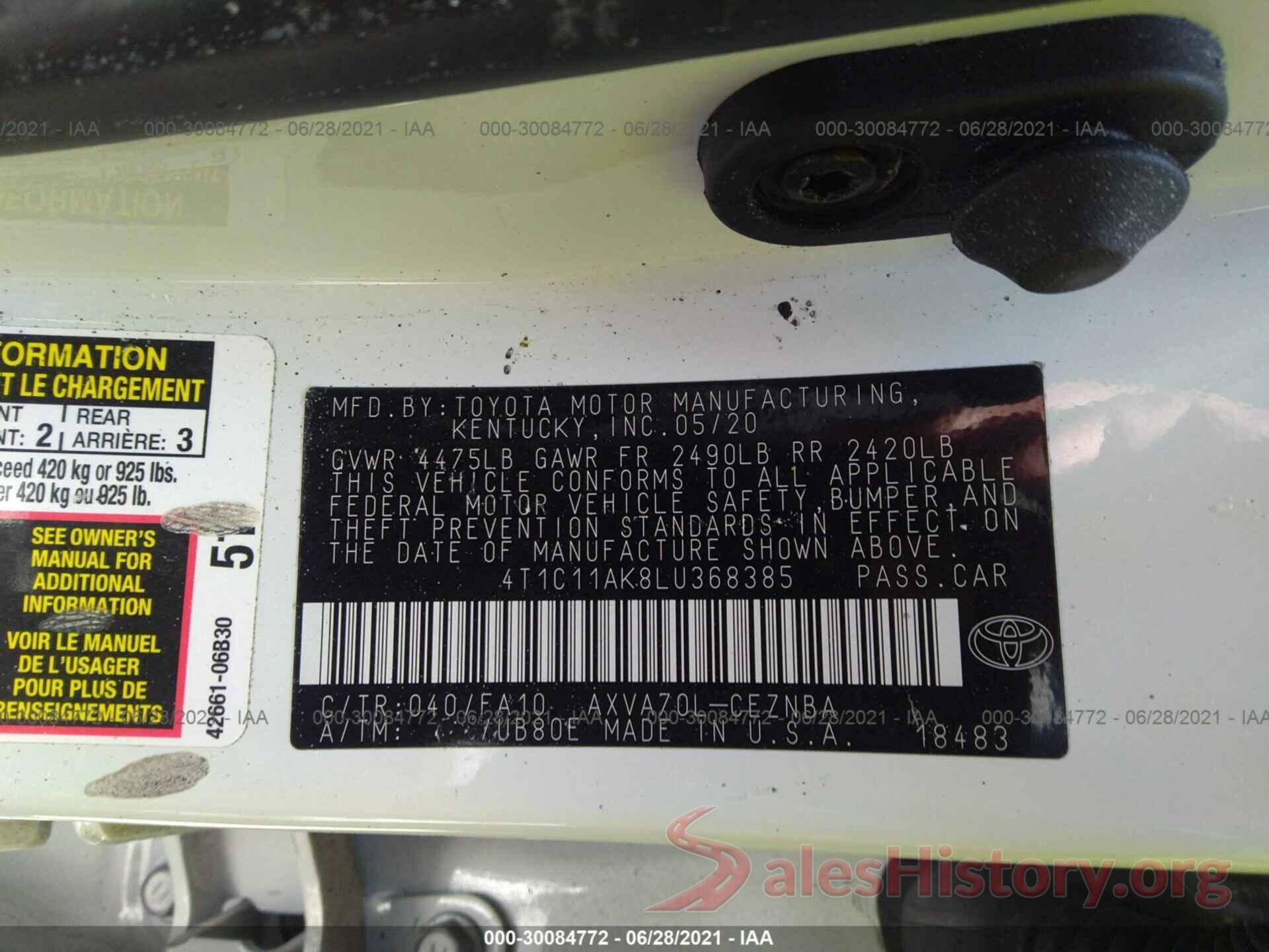 4T1C11AK8LU368385 2020 TOYOTA CAMRY