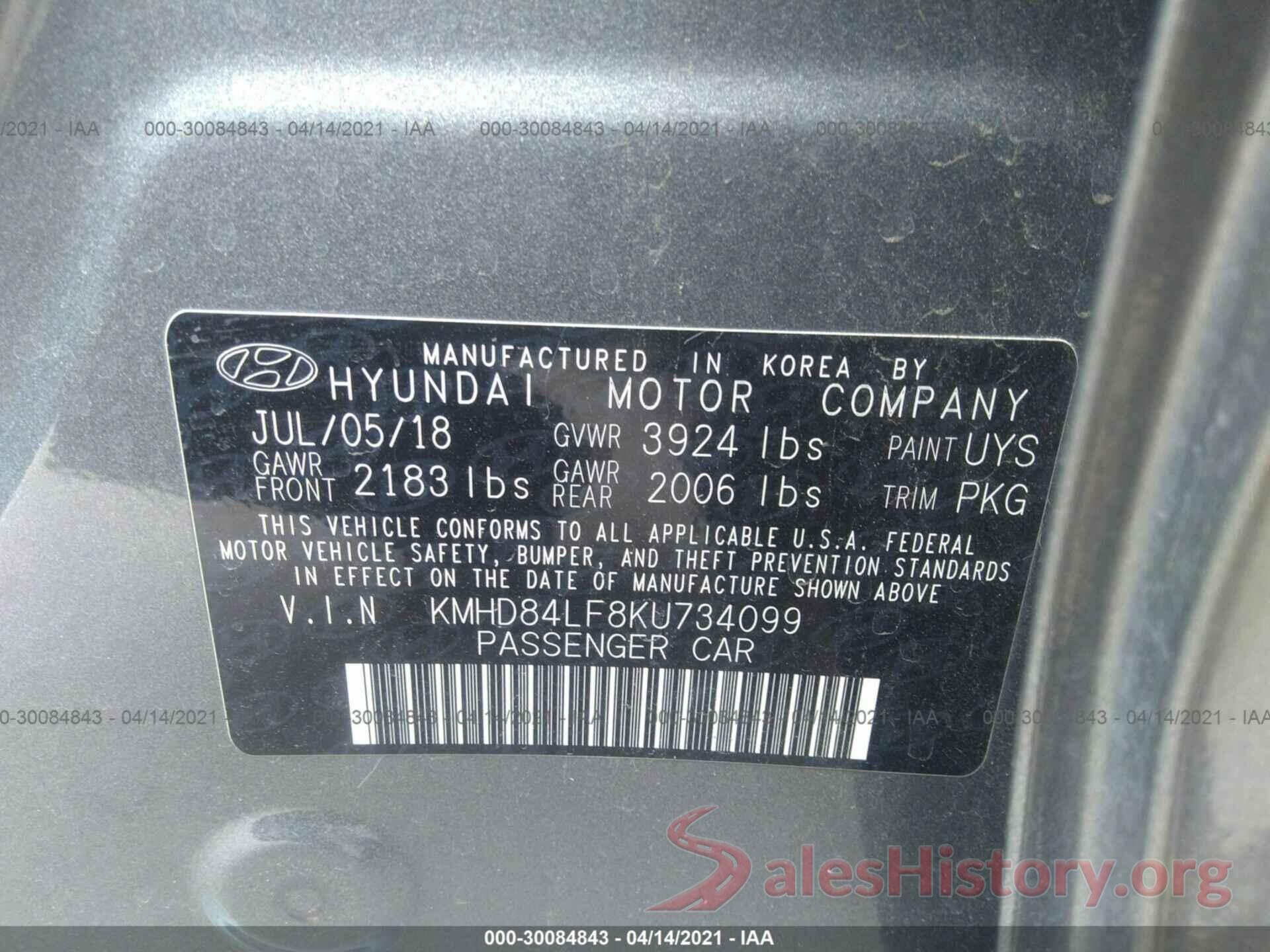 KMHD84LF8KU734099 2019 HYUNDAI ELANTRA