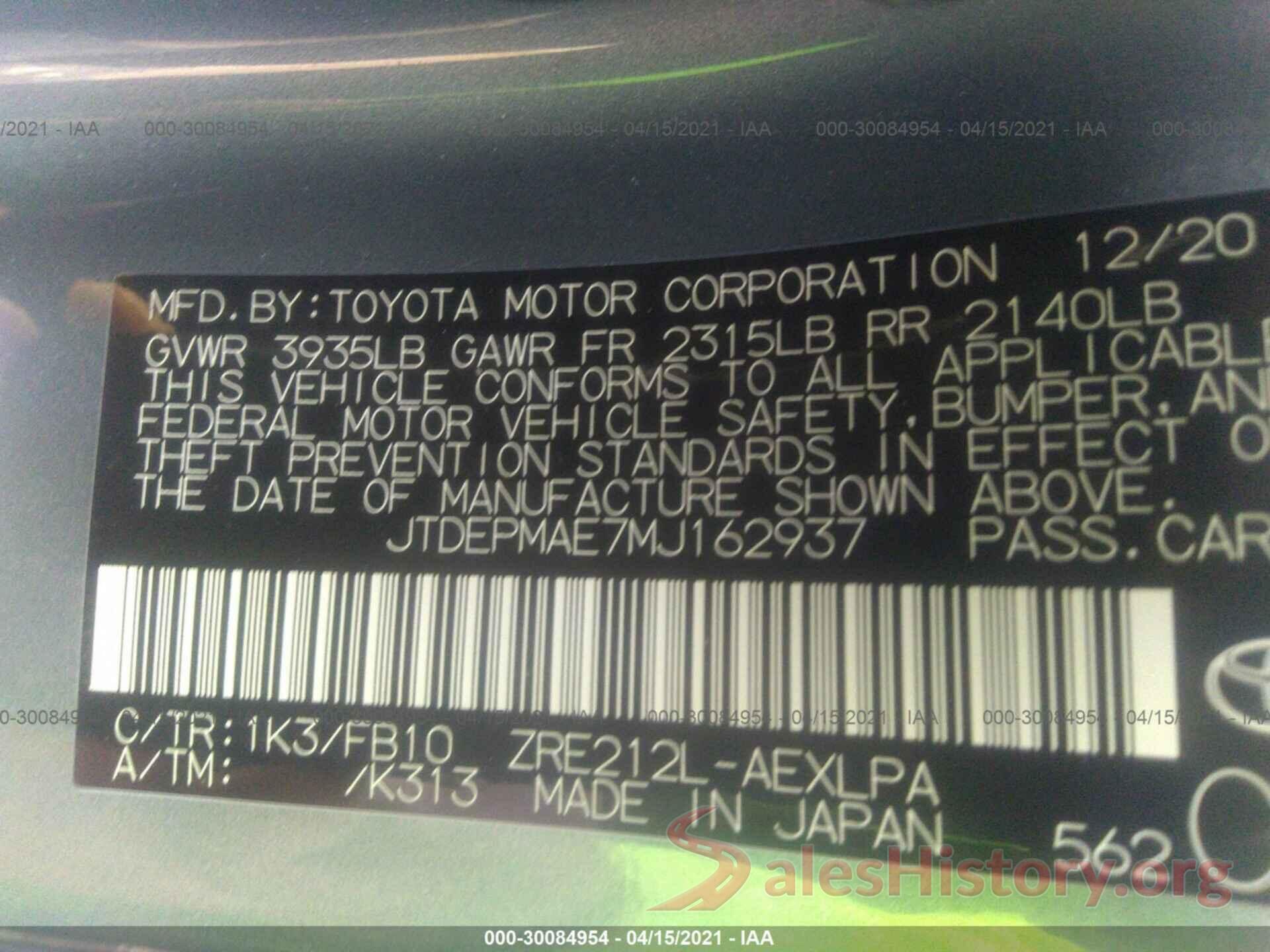 JTDEPMAE7MJ162937 2021 TOYOTA COROLLA