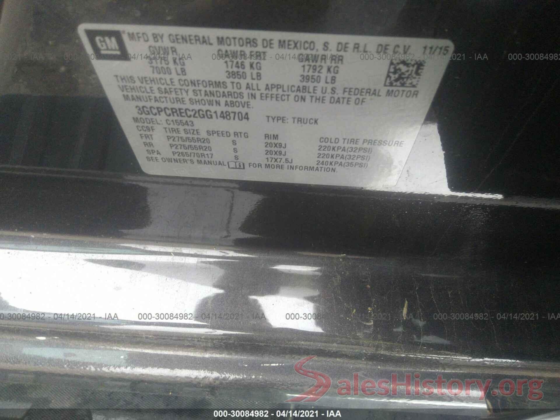 3GCPCREC2GG148704 2016 CHEVROLET SILVERADO 1500