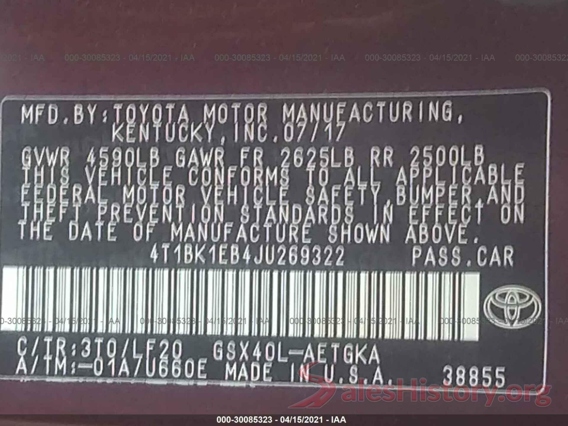 4T1BK1EB4JU269322 2018 TOYOTA AVALON