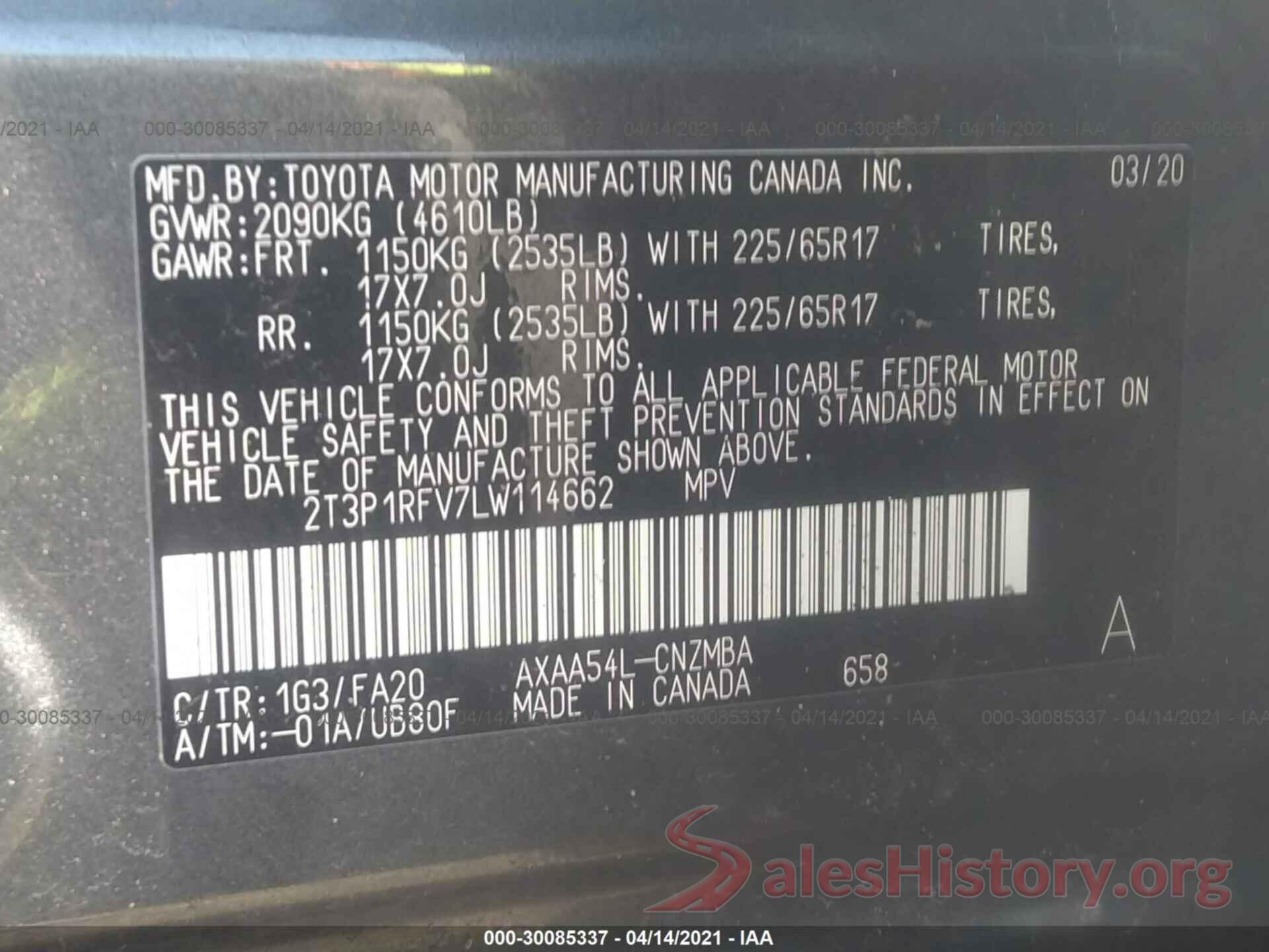 2T3P1RFV7LW114662 2020 TOYOTA RAV4