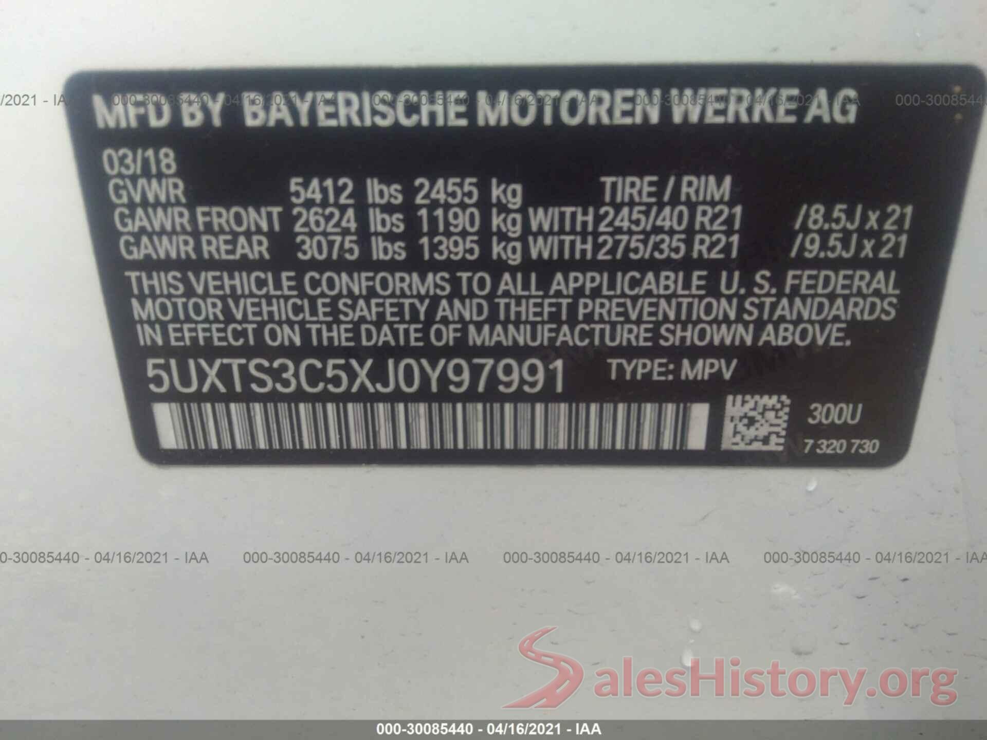 5UXTS3C5XJ0Y97991 2018 BMW X3