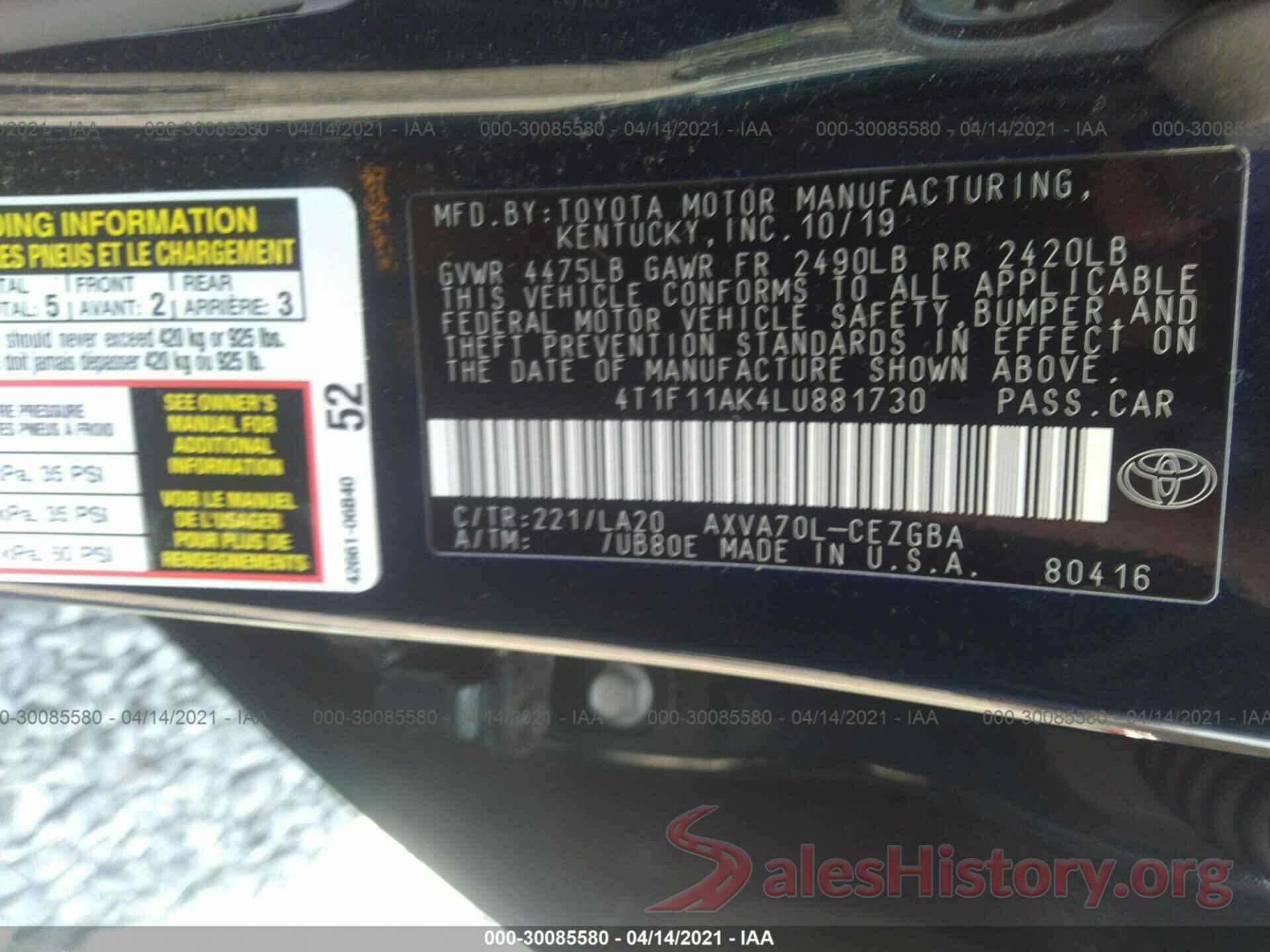 4T1F11AK4LU881730 2020 TOYOTA CAMRY