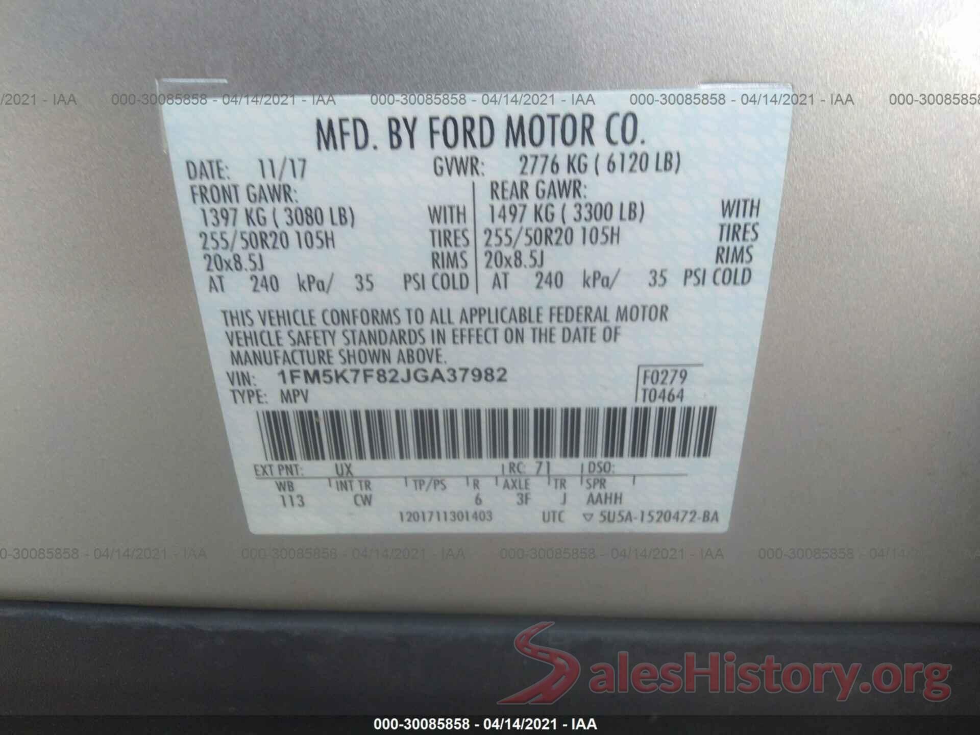 1FM5K7F82JGA37982 2018 FORD EXPLORER