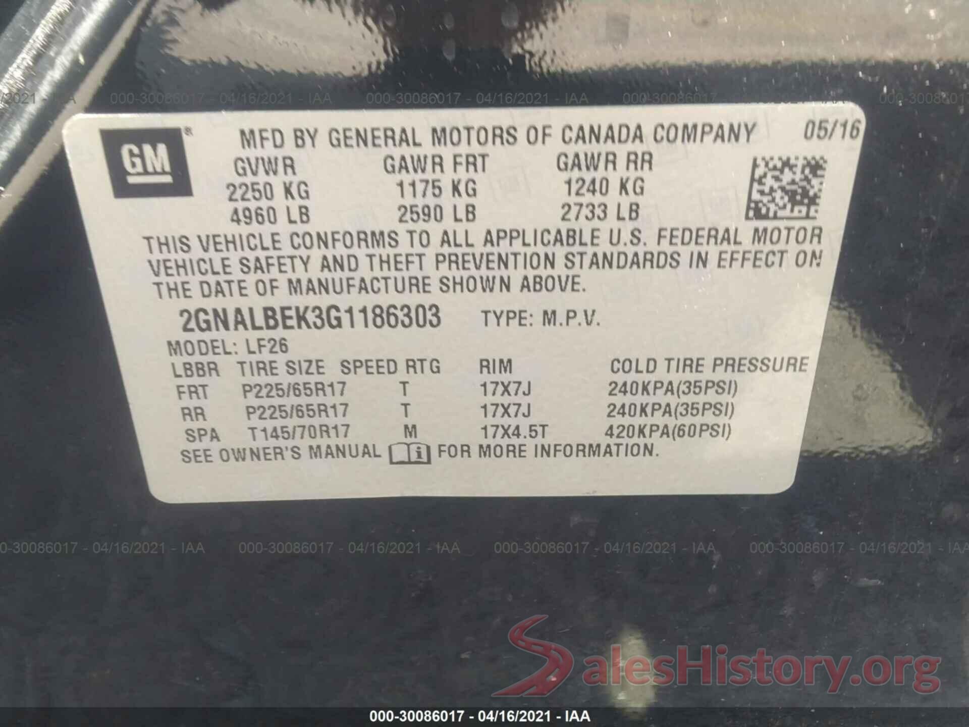 2GNALBEK3G1186303 2016 CHEVROLET EQUINOX