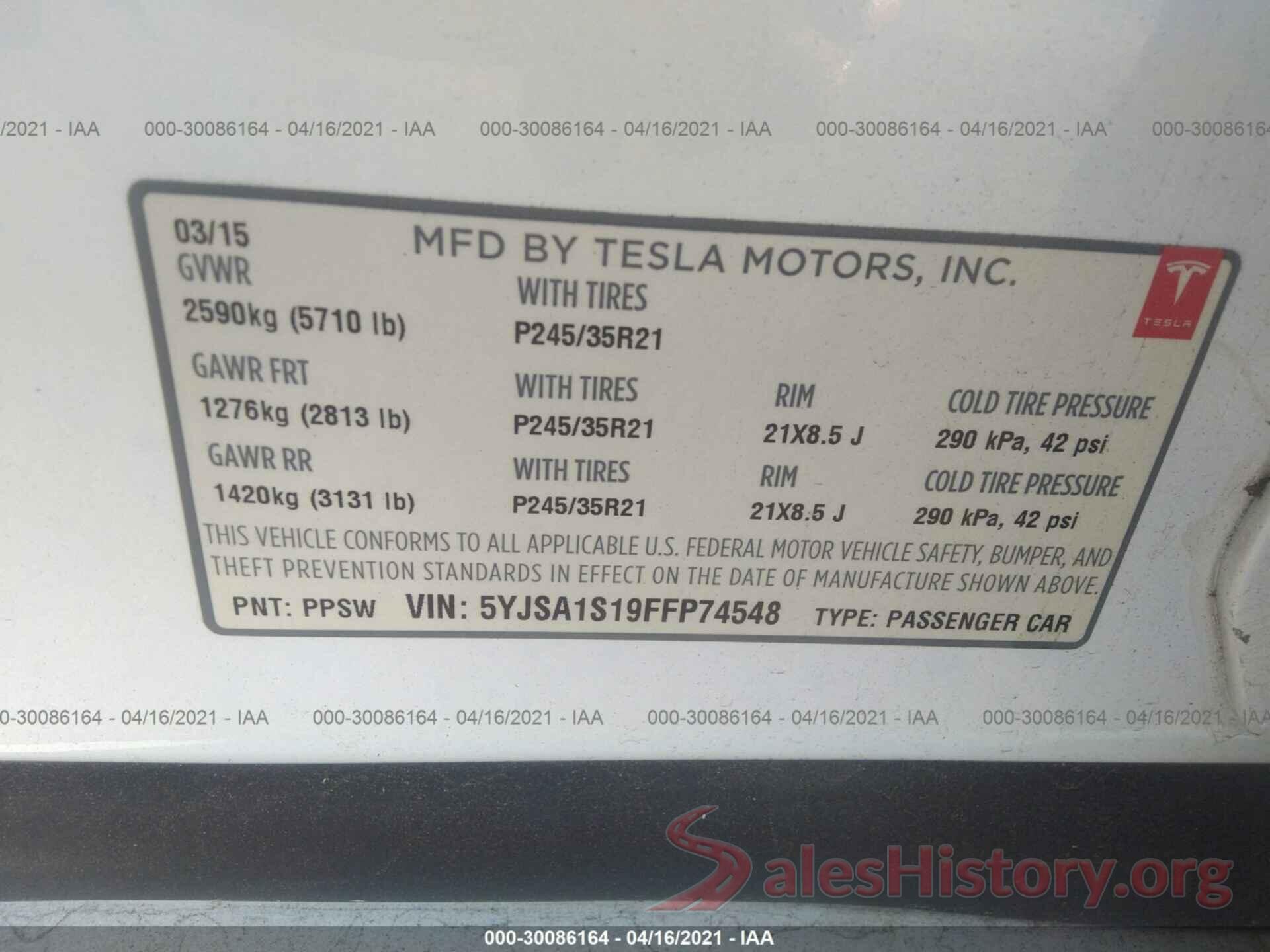 5YJSA1S19FFP74548 2015 TESLA MODEL S