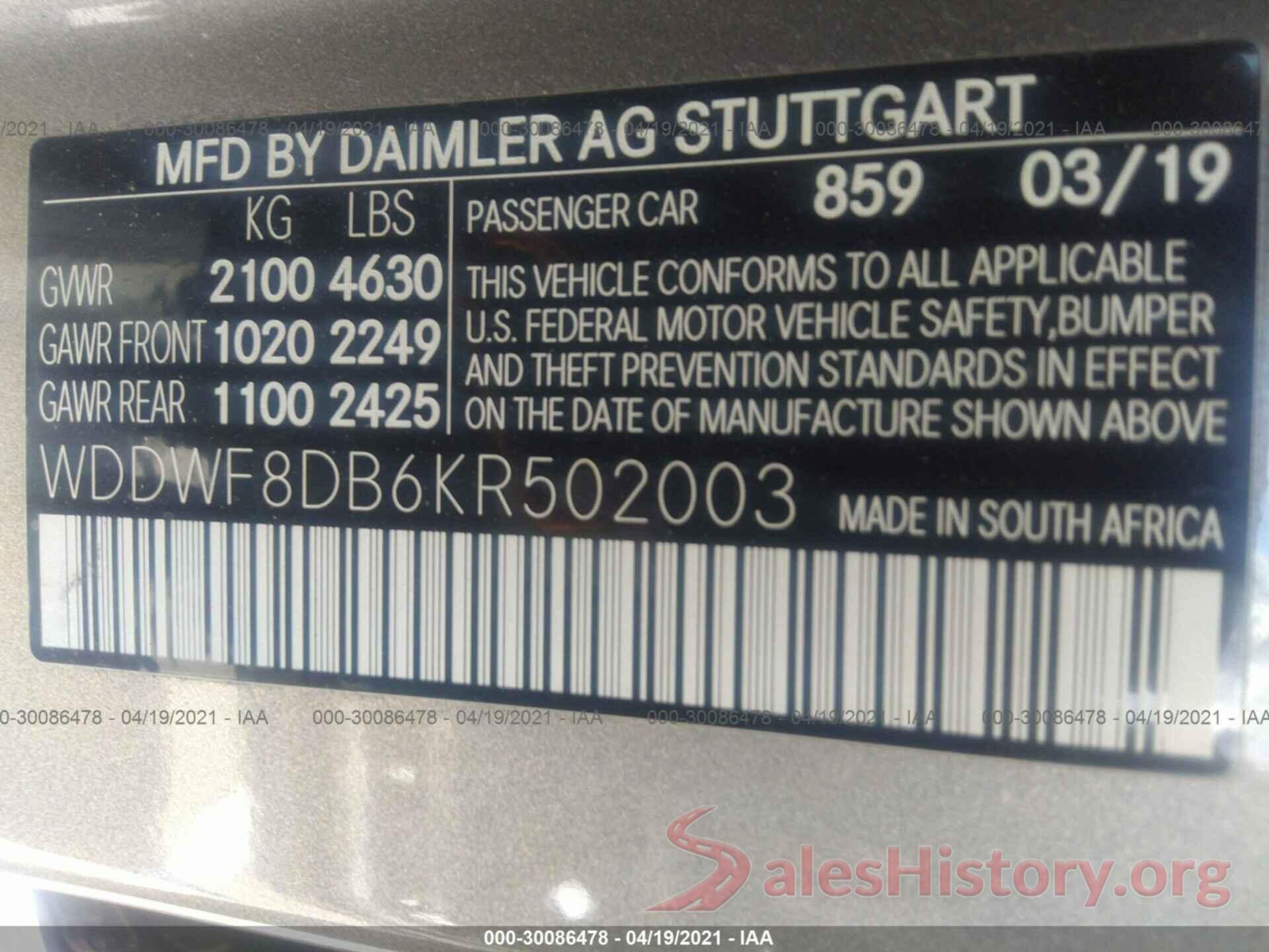 WDDWF8DB6KR502003 2019 MERCEDES-BENZ C-CLASS