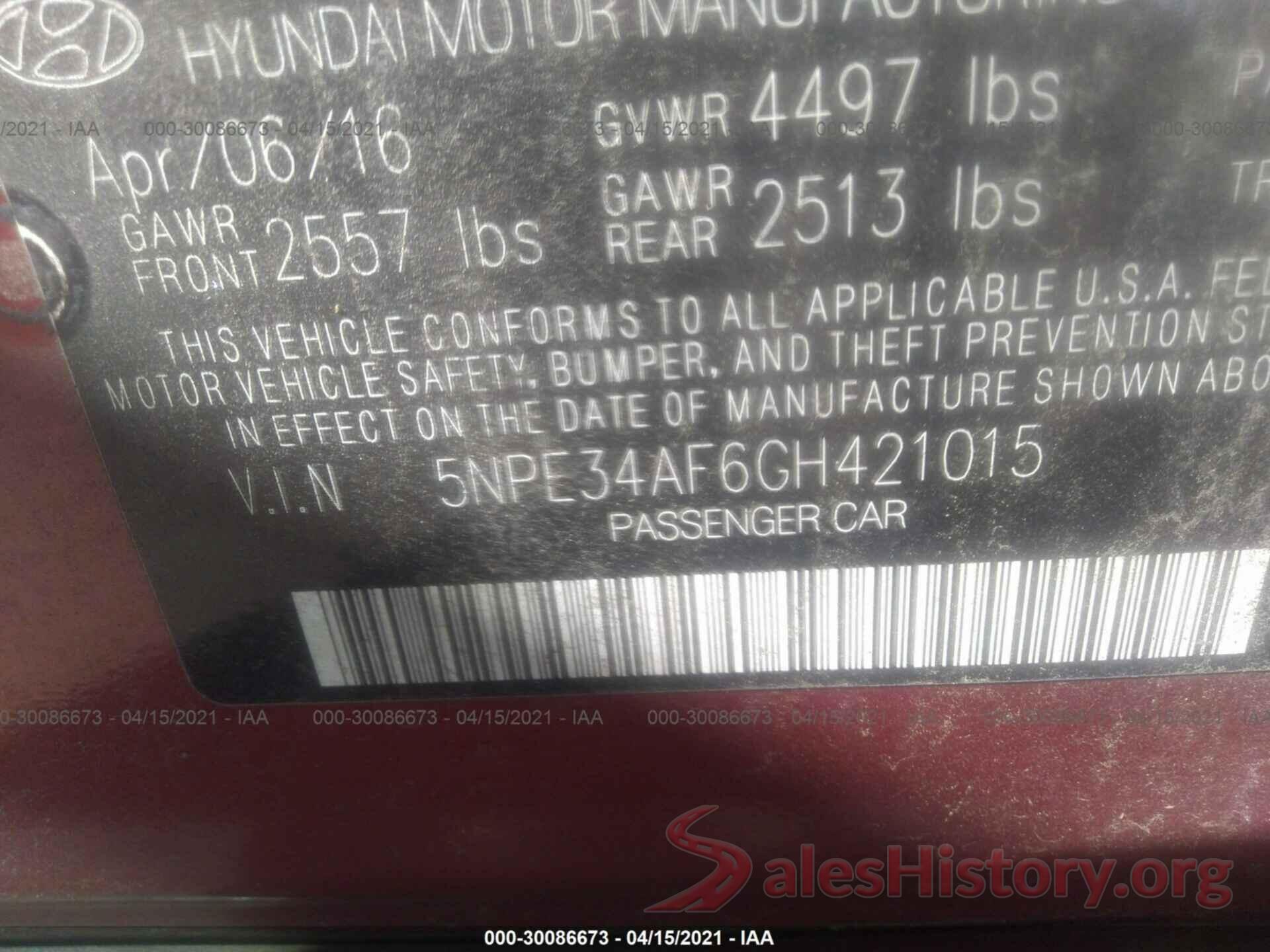 5NPE34AF6GH421015 2016 HYUNDAI SONATA