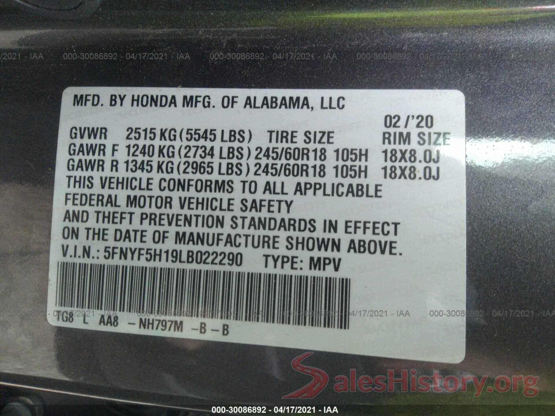 5FNYF5H19LB022290 2020 HONDA PILOT