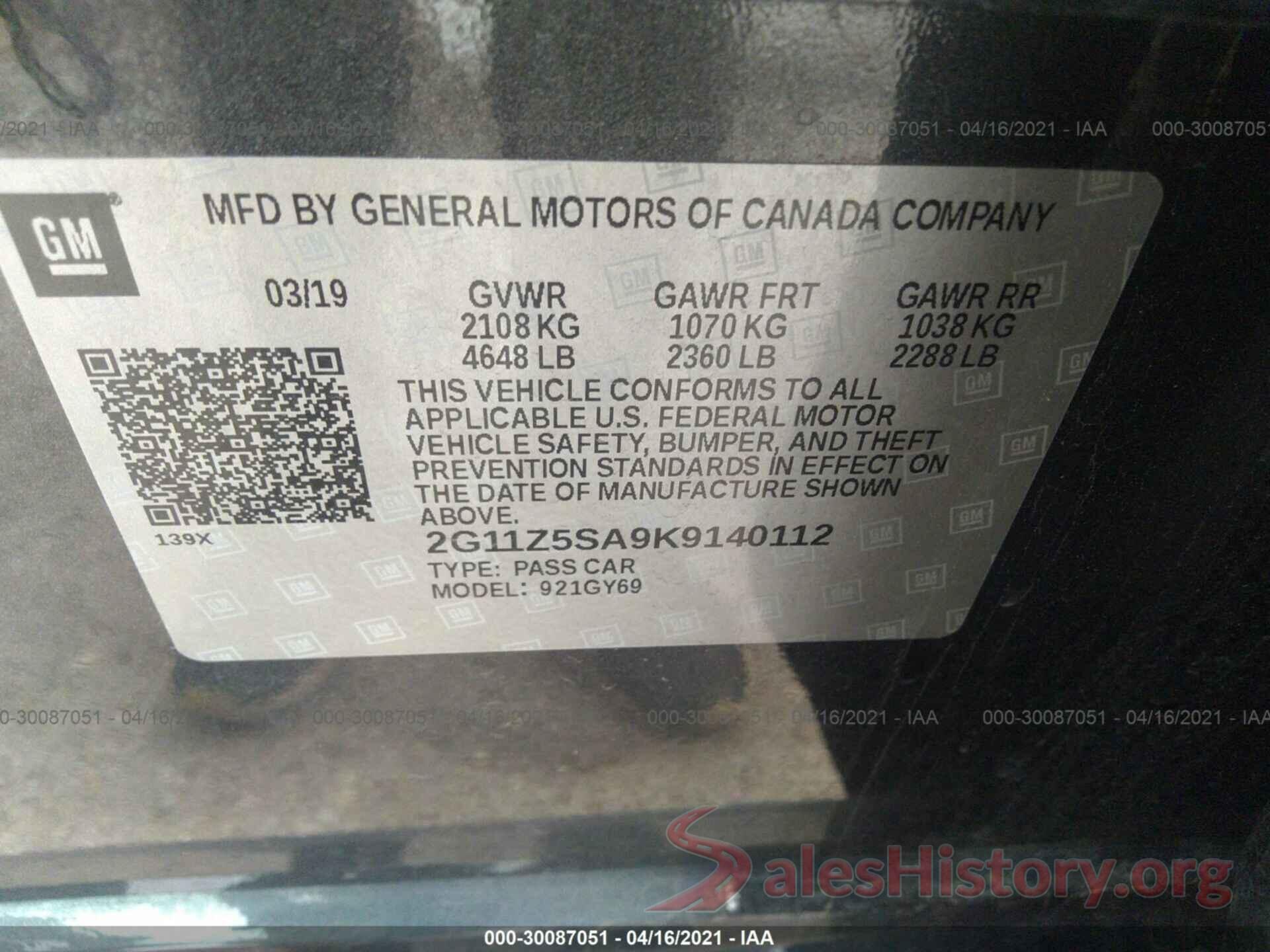 2G11Z5SA9K9140112 2019 CHEVROLET IMPALA