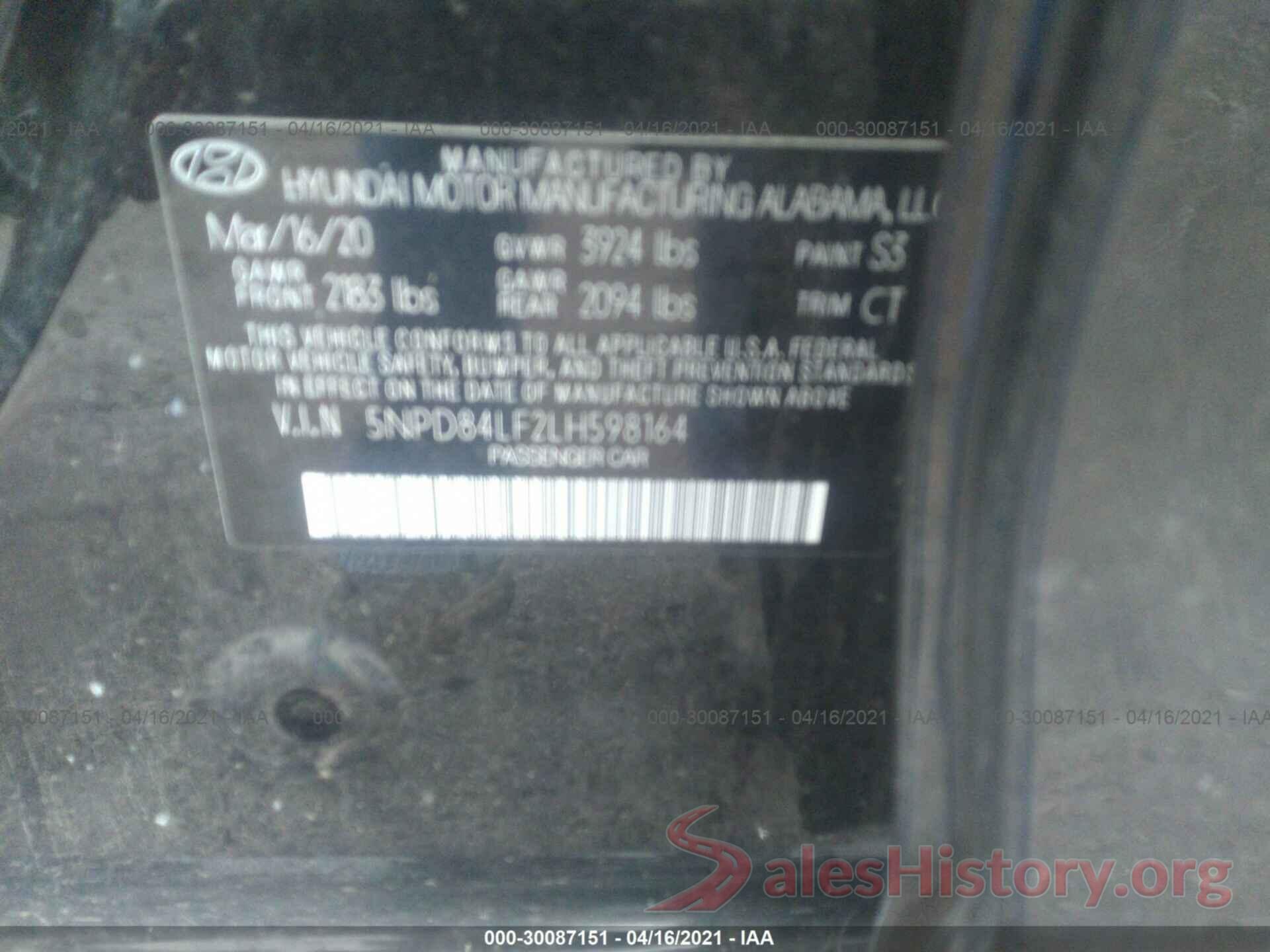 5NPD84LF2LH598164 2020 HYUNDAI ELANTRA