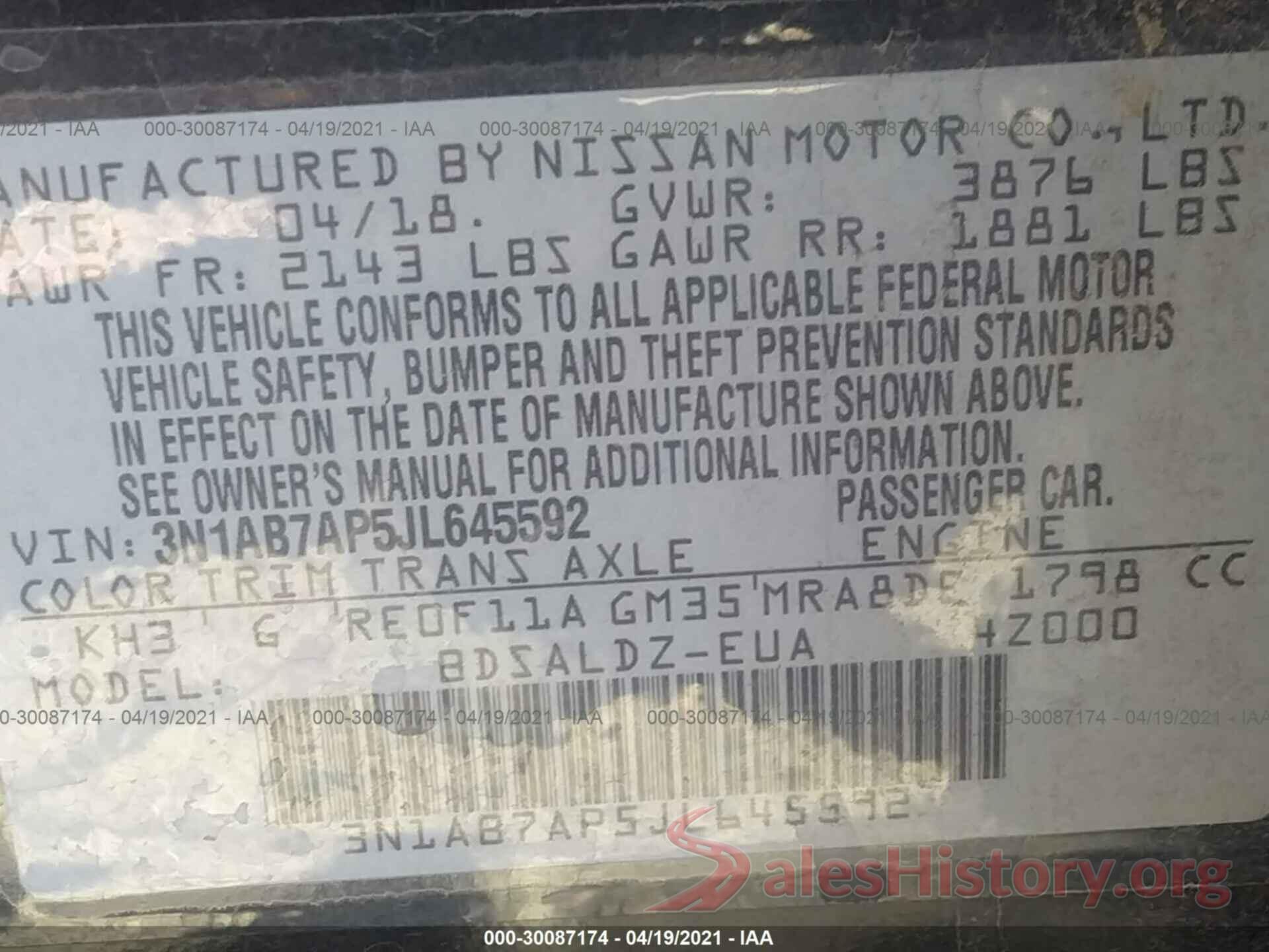 3N1AB7AP5JL645592 2018 NISSAN SENTRA