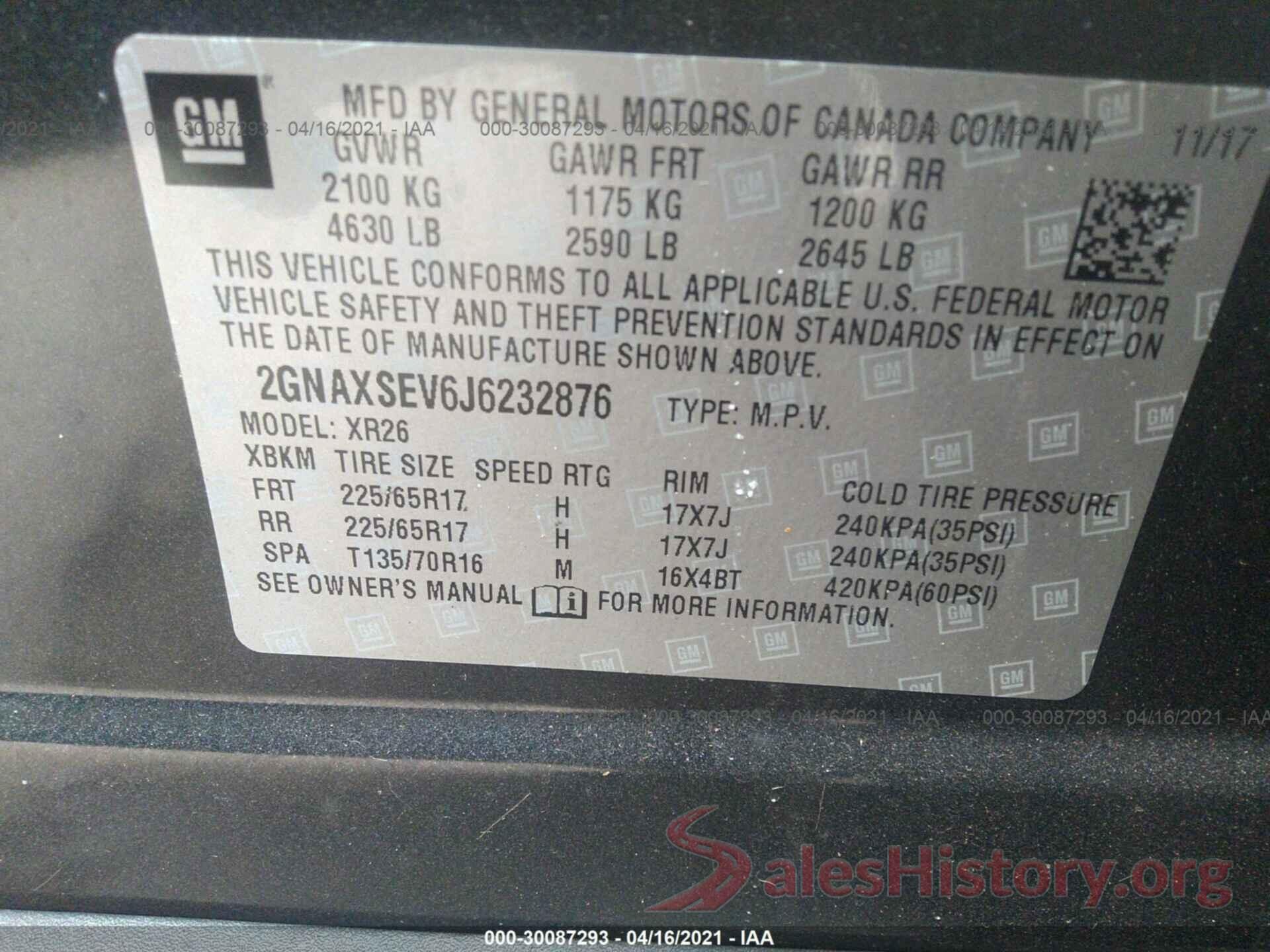 2GNAXSEV6J6232876 2018 CHEVROLET EQUINOX