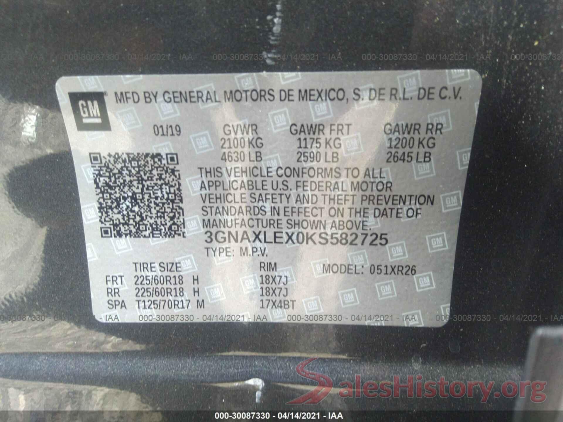 3GNAXLEX0KS582725 2019 CHEVROLET EQUINOX