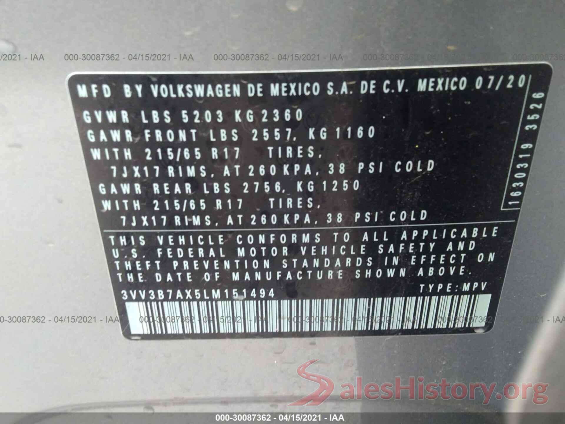 3VV3B7AX5LM151494 2020 VOLKSWAGEN TIGUAN