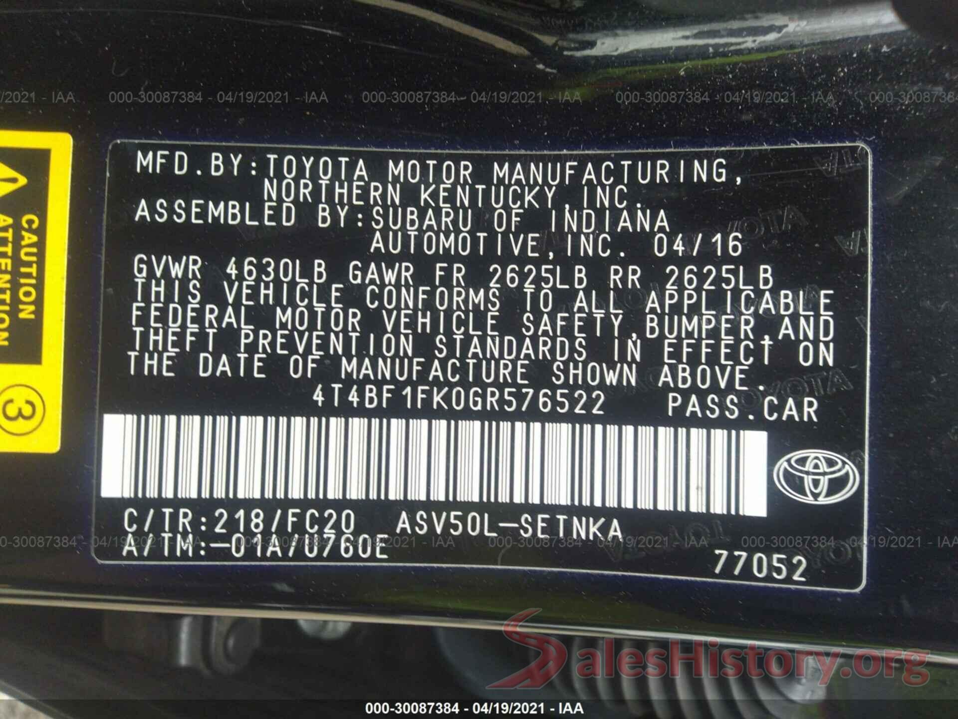 4T4BF1FK0GR576522 2016 TOYOTA CAMRY