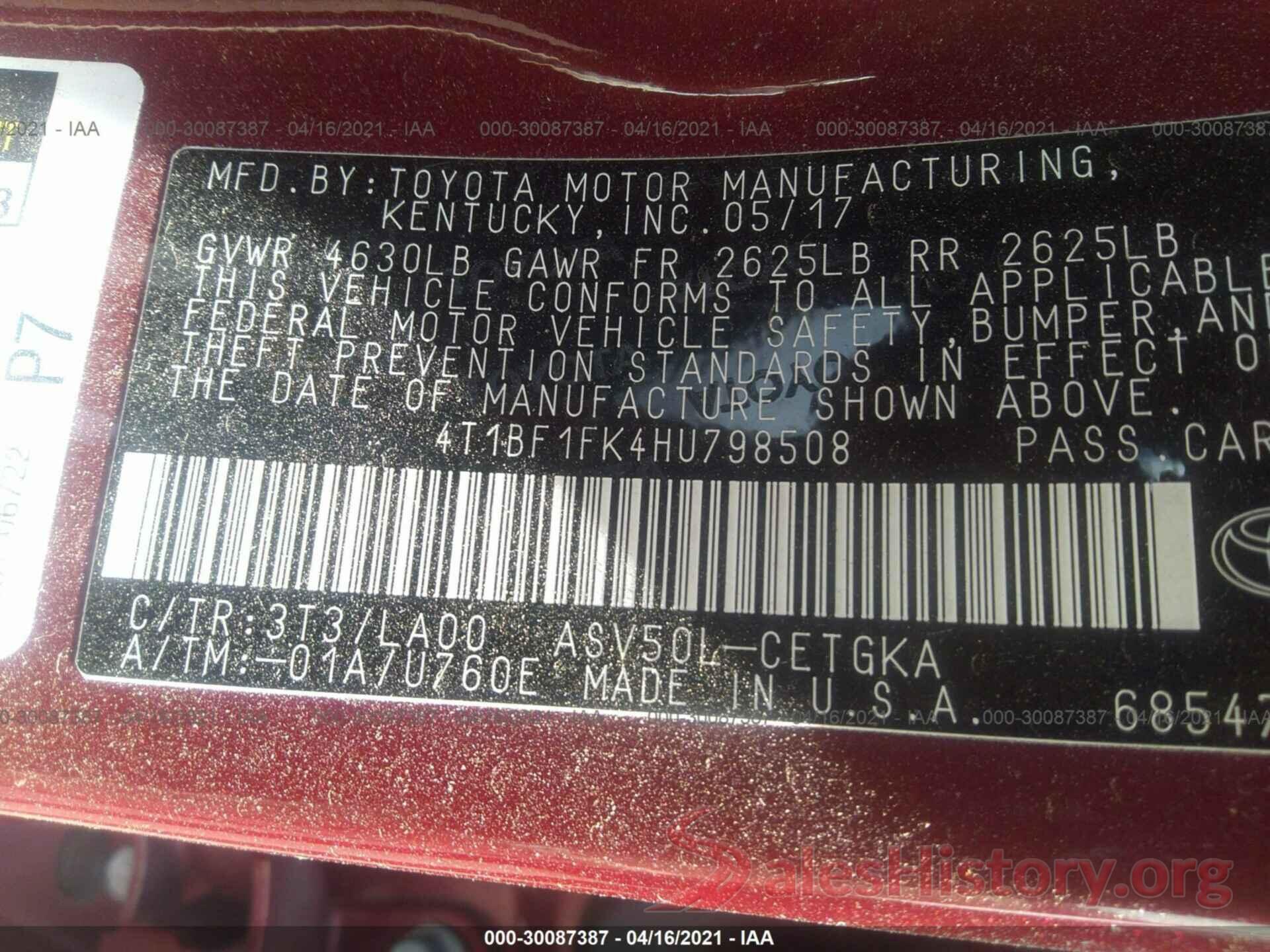 4T1BF1FK4HU798508 2017 TOYOTA CAMRY