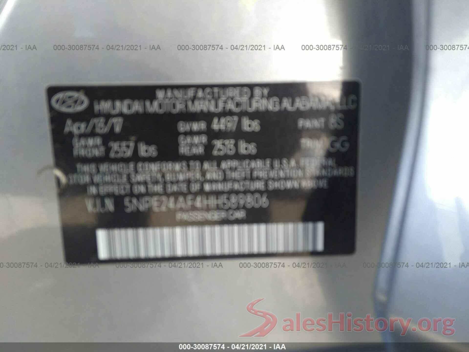 5NPE24AF4HH589806 2017 HYUNDAI SONATA