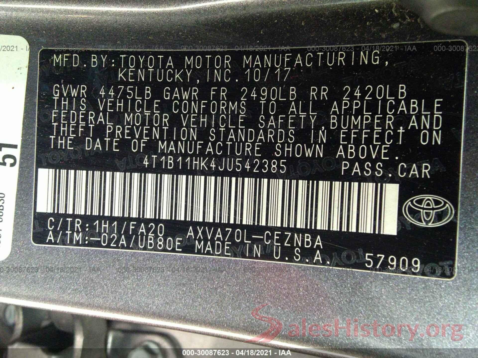 4T1B11HK4JU542385 2018 TOYOTA CAMRY