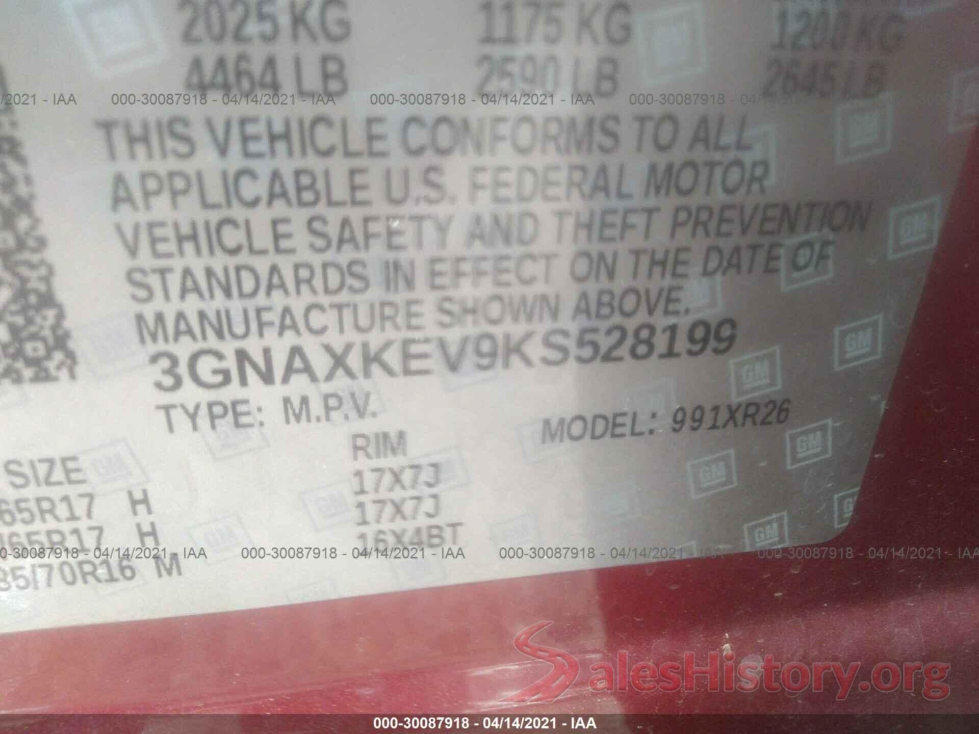 3GNAXKEV9KS528199 2019 CHEVROLET EQUINOX