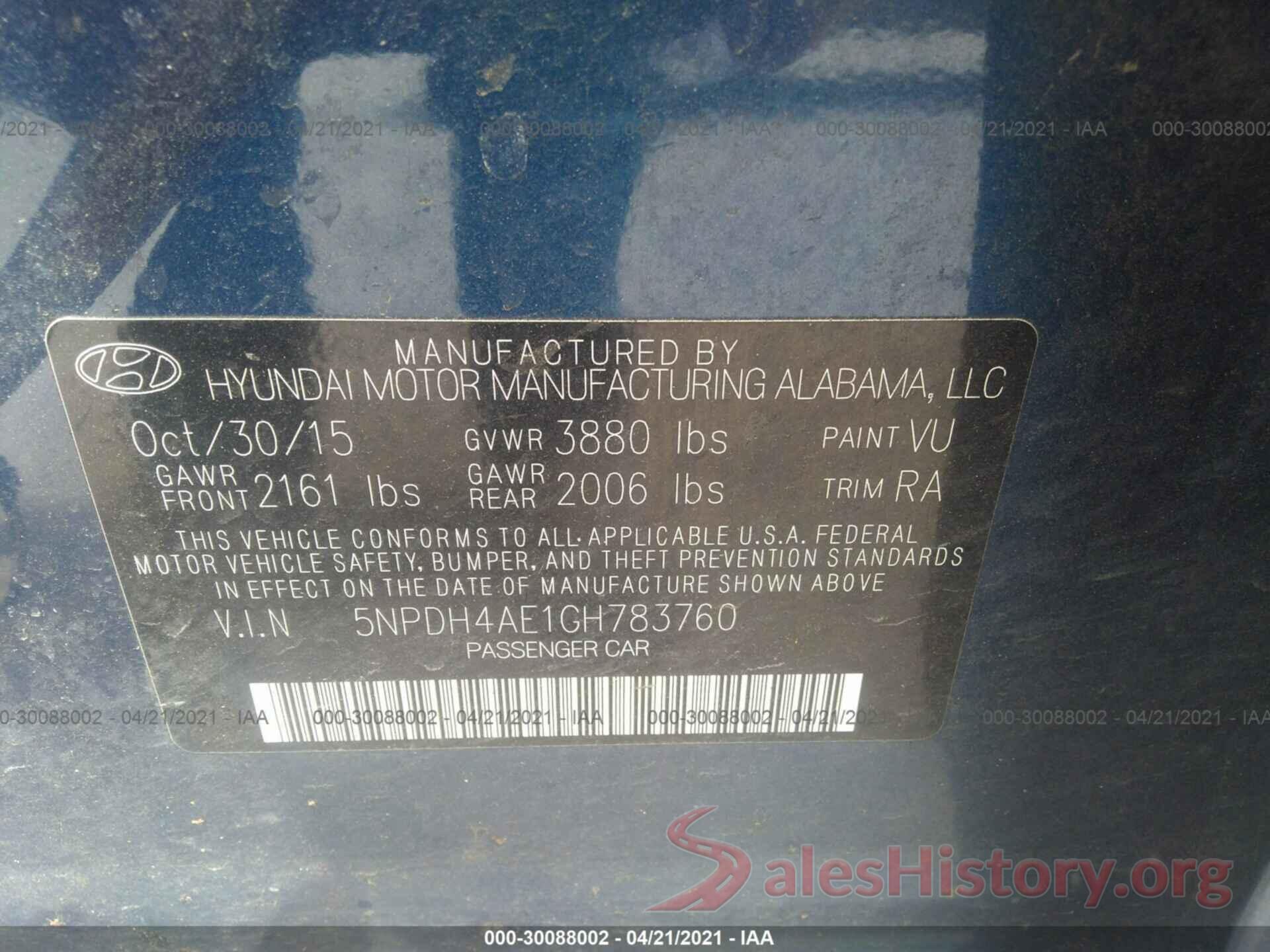 5NPDH4AE1GH783760 2016 HYUNDAI ELANTRA