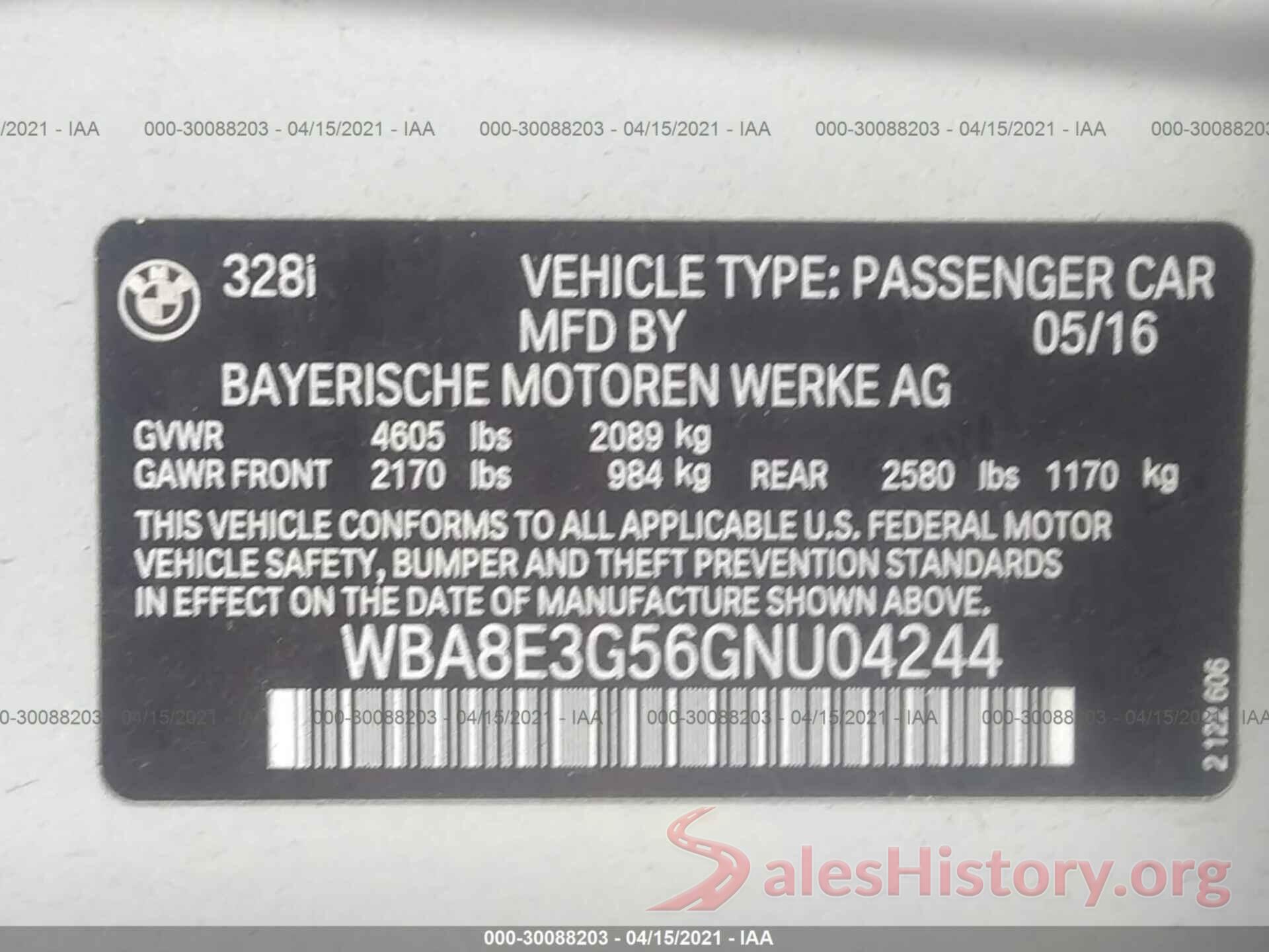 WBA8E3G56GNU04244 2016 BMW 3 SERIES