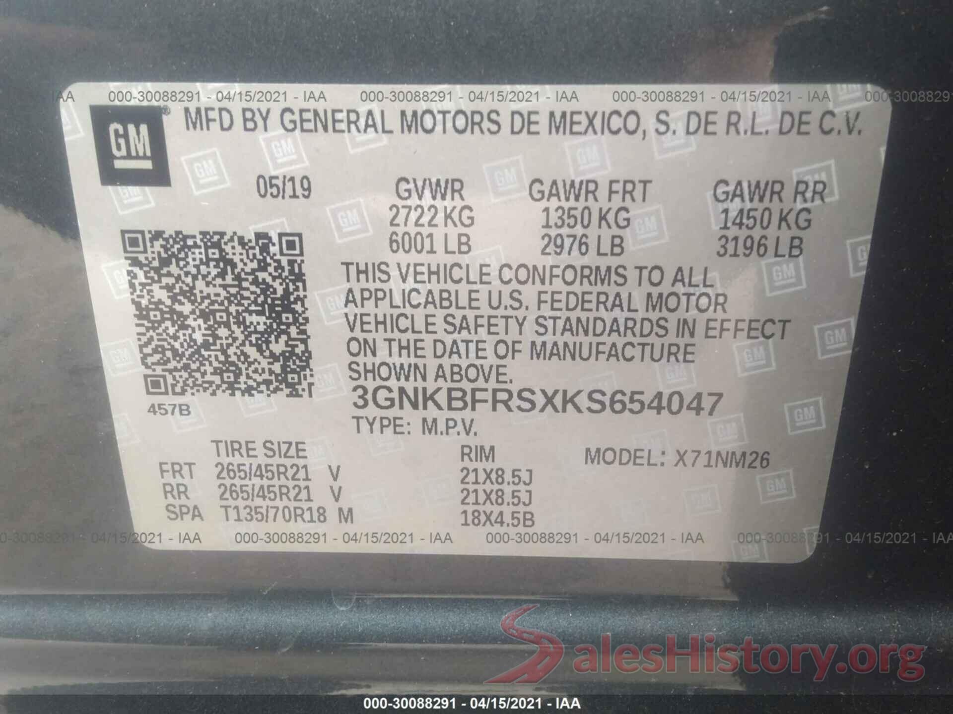 3GNKBFRSXKS654047 2019 CHEVROLET BLAZER