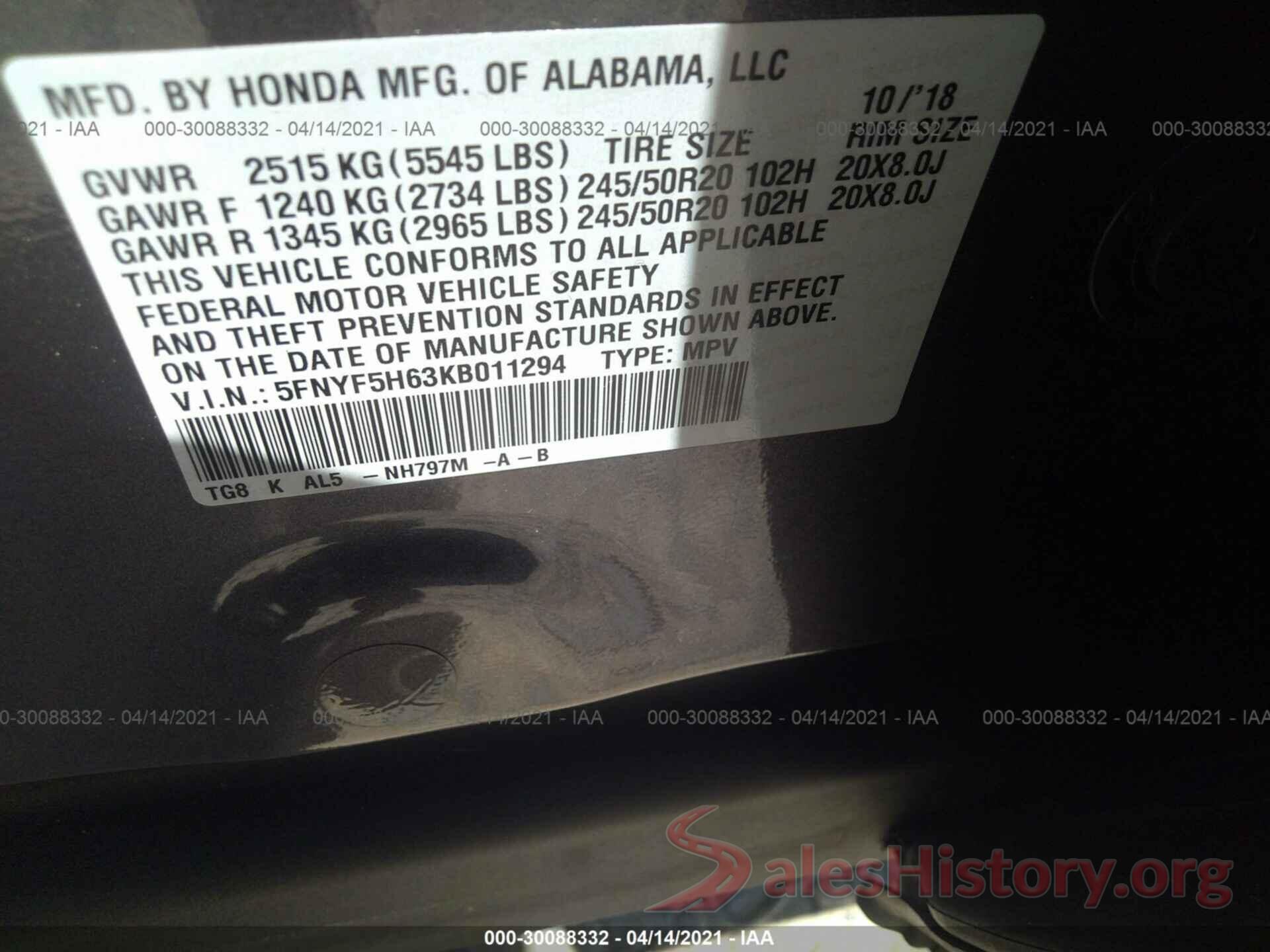 5FNYF5H63KB011294 2019 HONDA PILOT