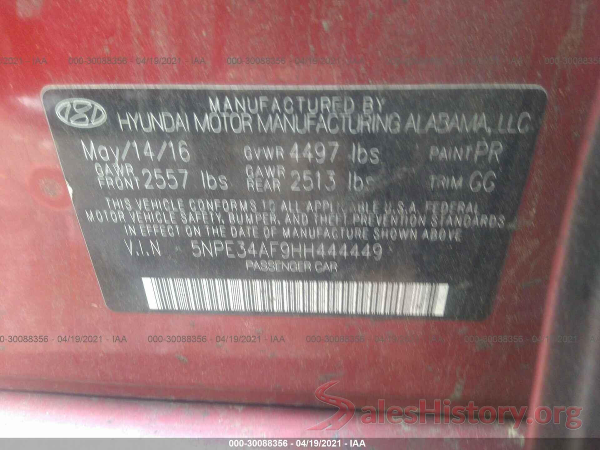 5NPE34AF9HH444449 2017 HYUNDAI SONATA