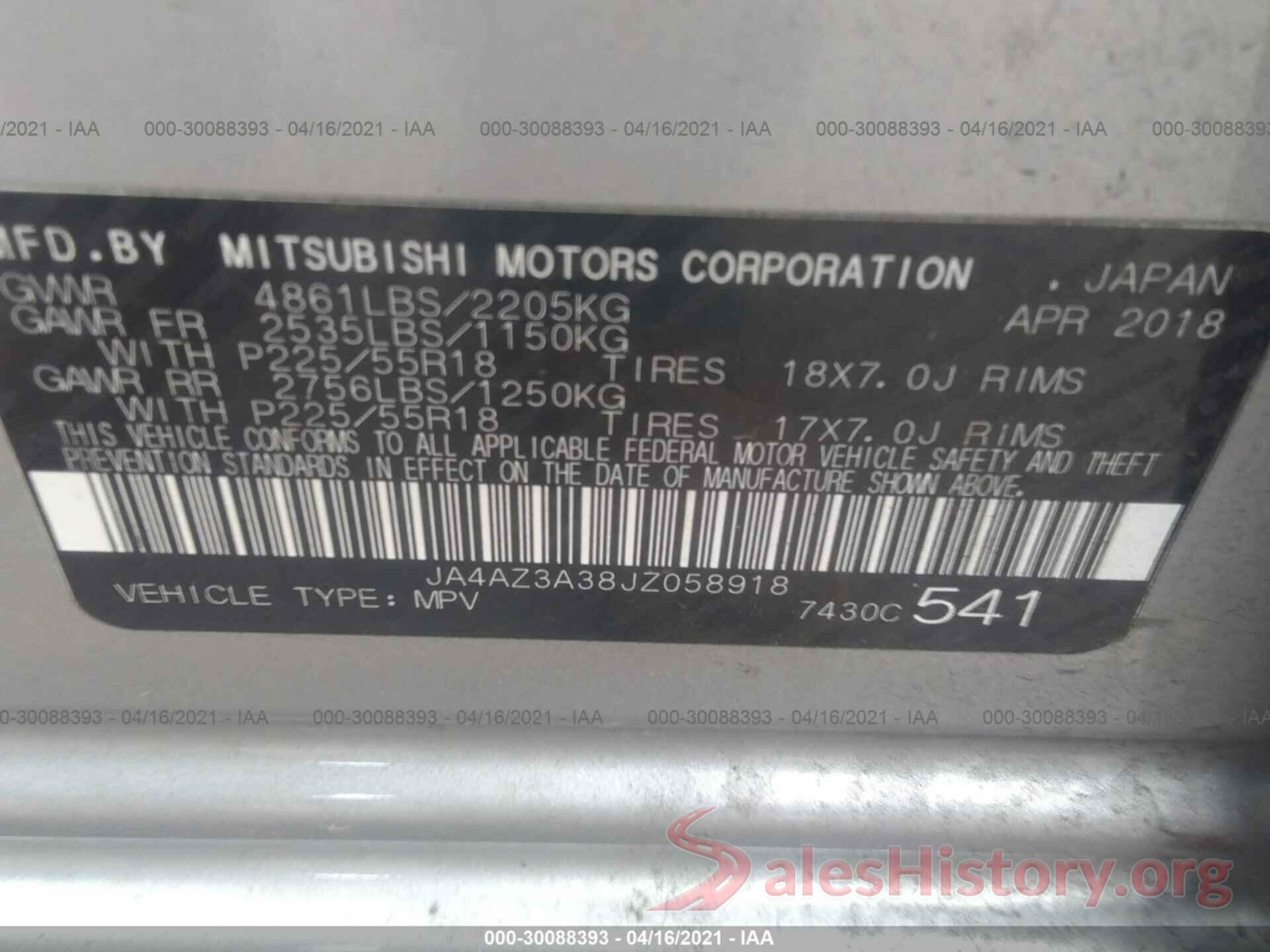 JA4AZ3A38JZ058918 2018 MITSUBISHI OUTLANDER