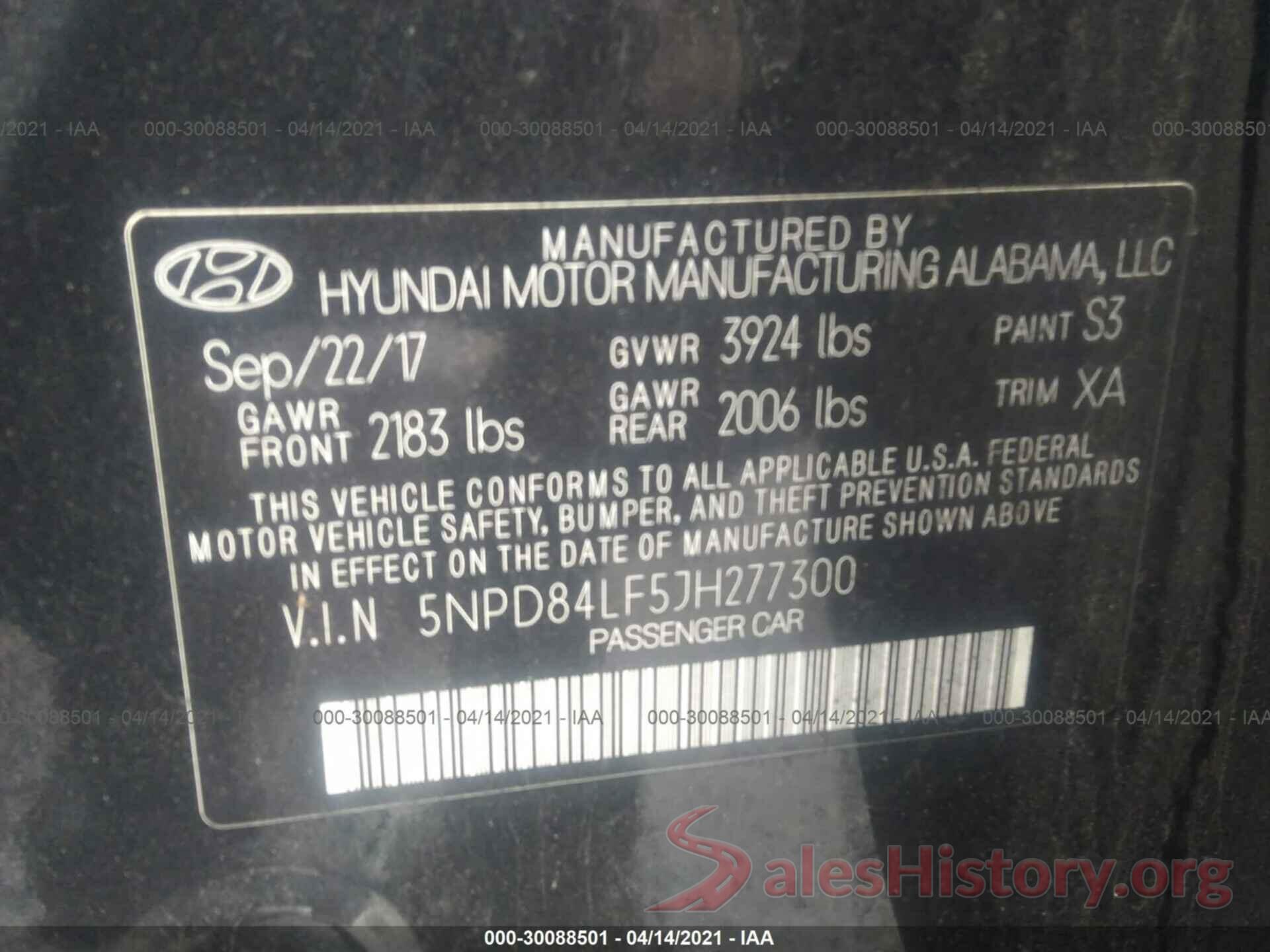 5NPD84LF5JH277300 2018 HYUNDAI ELANTRA