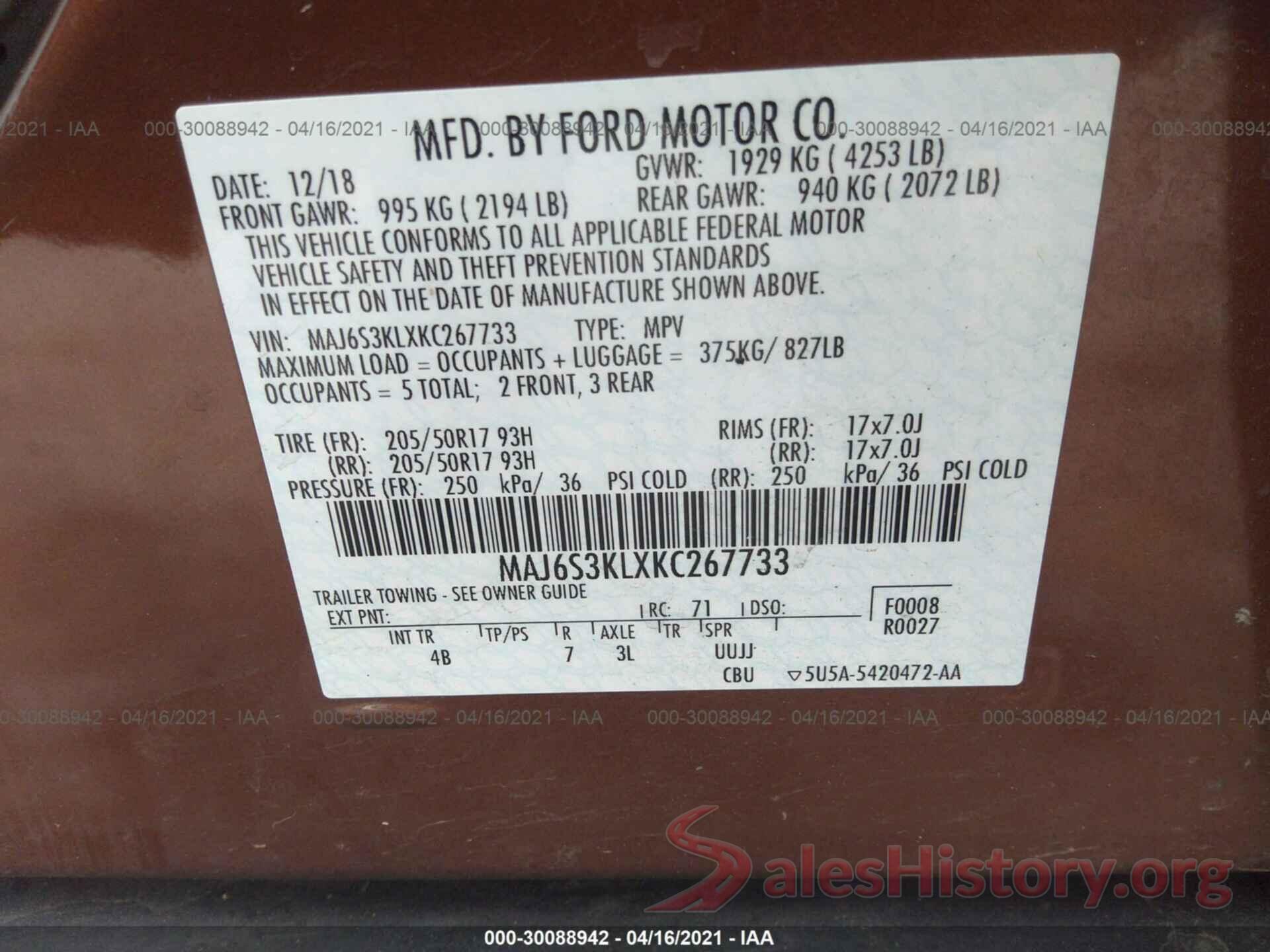 MAJ6S3KLXKC267733 2019 FORD ECOSPORT