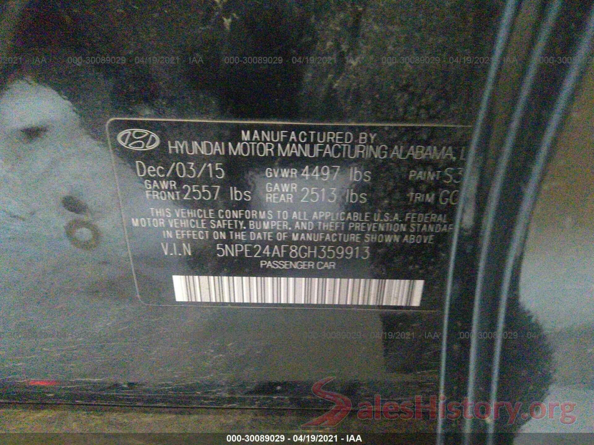 5NPE24AF8GH359913 2016 HYUNDAI SONATA