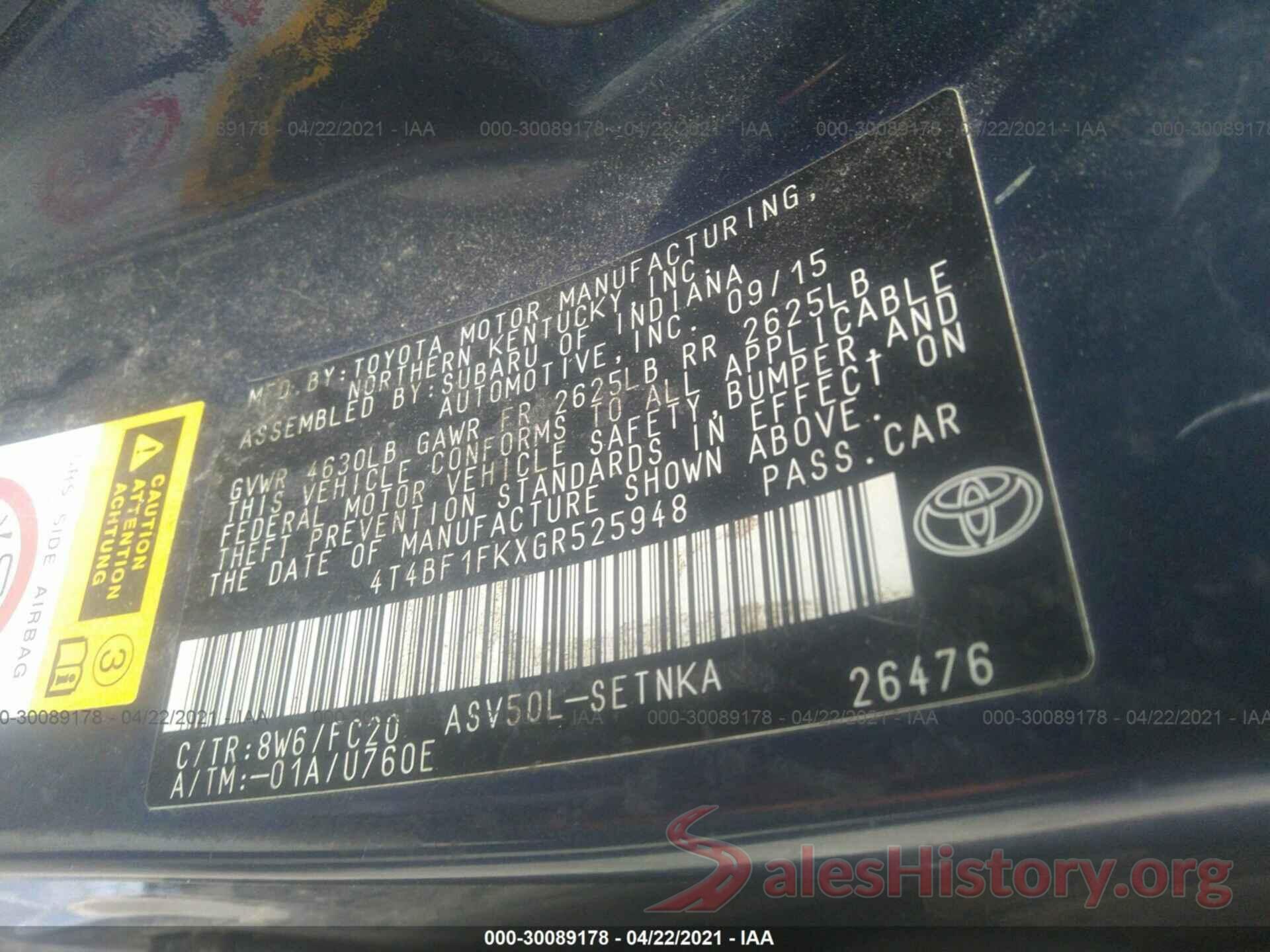 4T4BF1FKXGR525948 2016 TOYOTA CAMRY