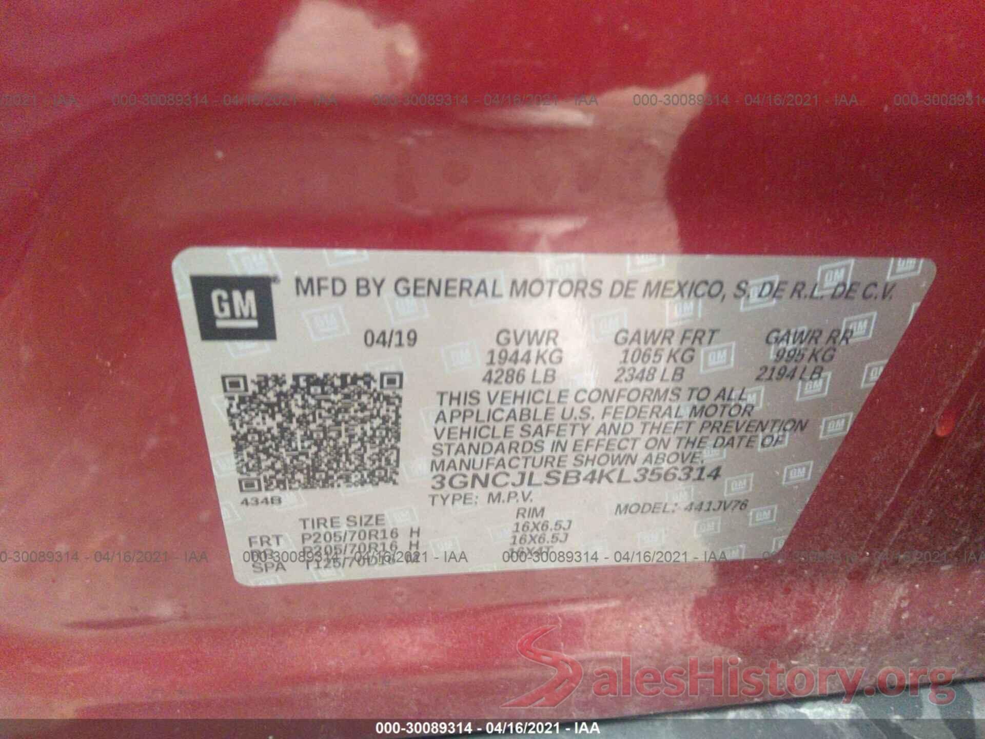 3GNCJLSB4KL356314 2019 CHEVROLET TRAX