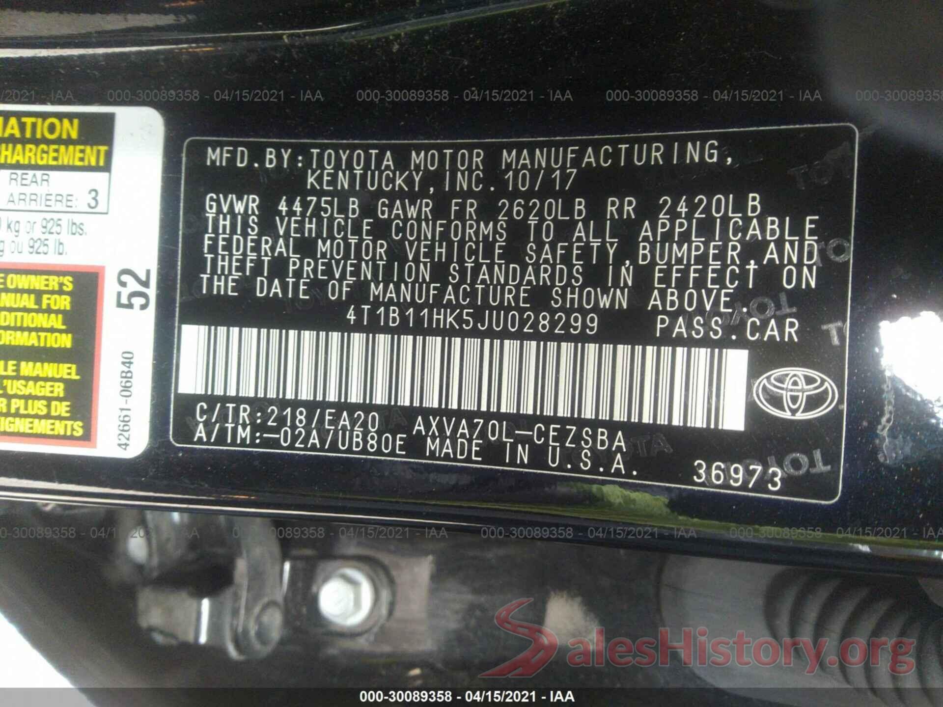 4T1B11HK5JU028299 2018 TOYOTA CAMRY