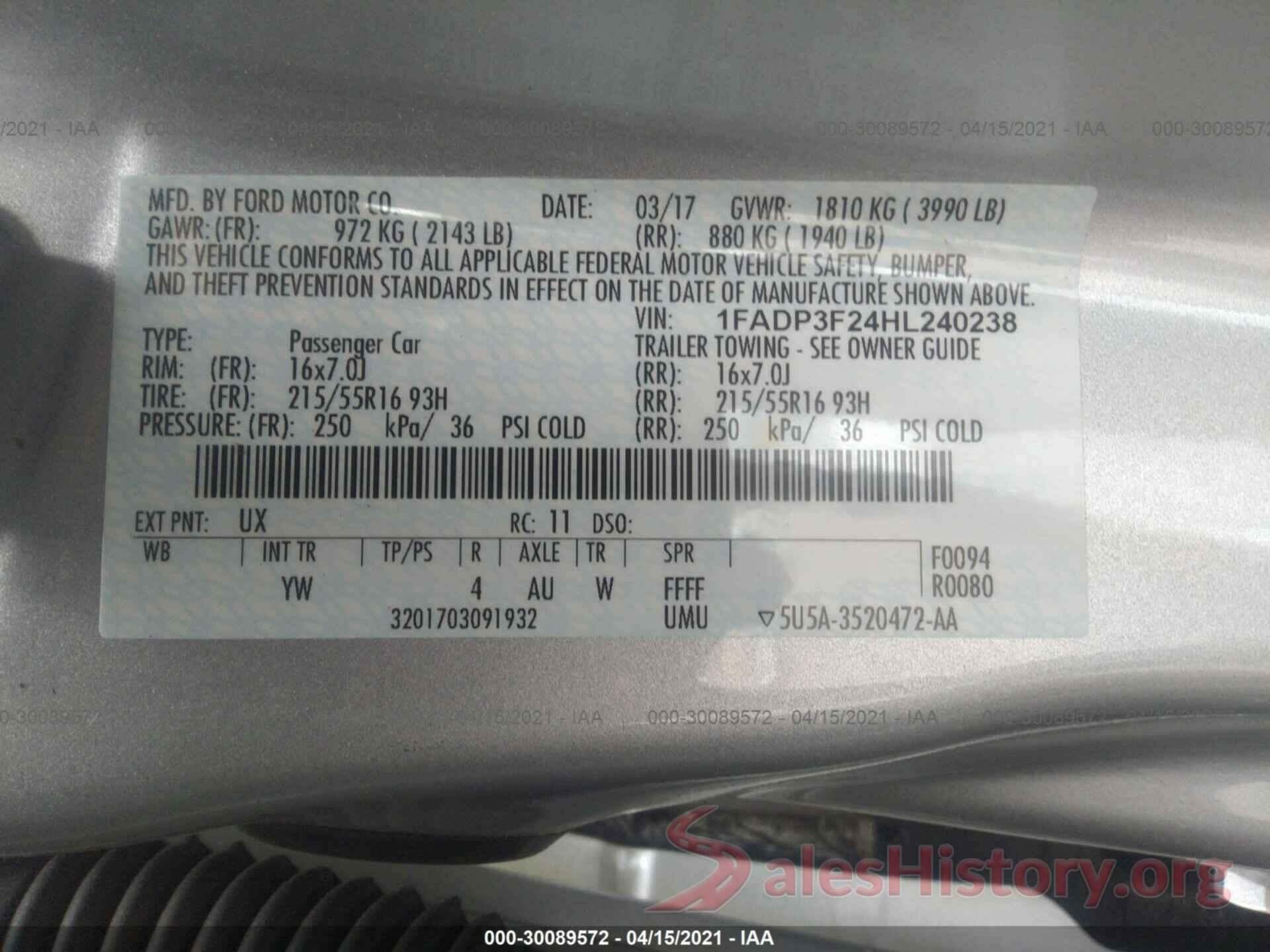 1FADP3F24HL240238 2017 FORD FOCUS