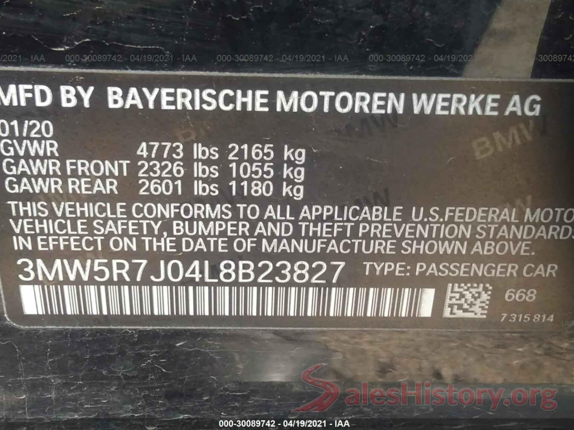 3MW5R7J04L8B23827 2020 BMW 3 SERIES