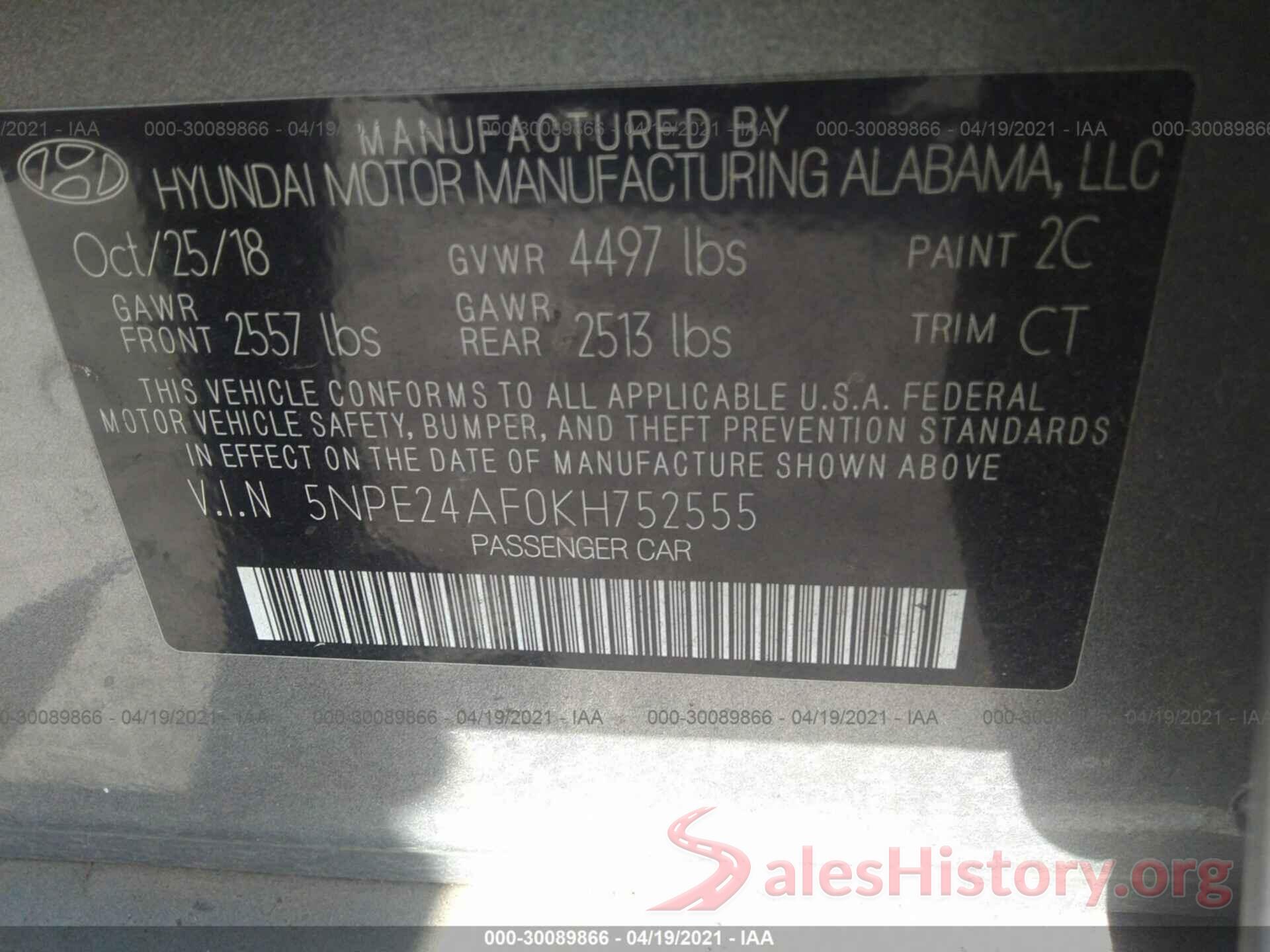 5NPE24AF0KH752555 2019 HYUNDAI SONATA