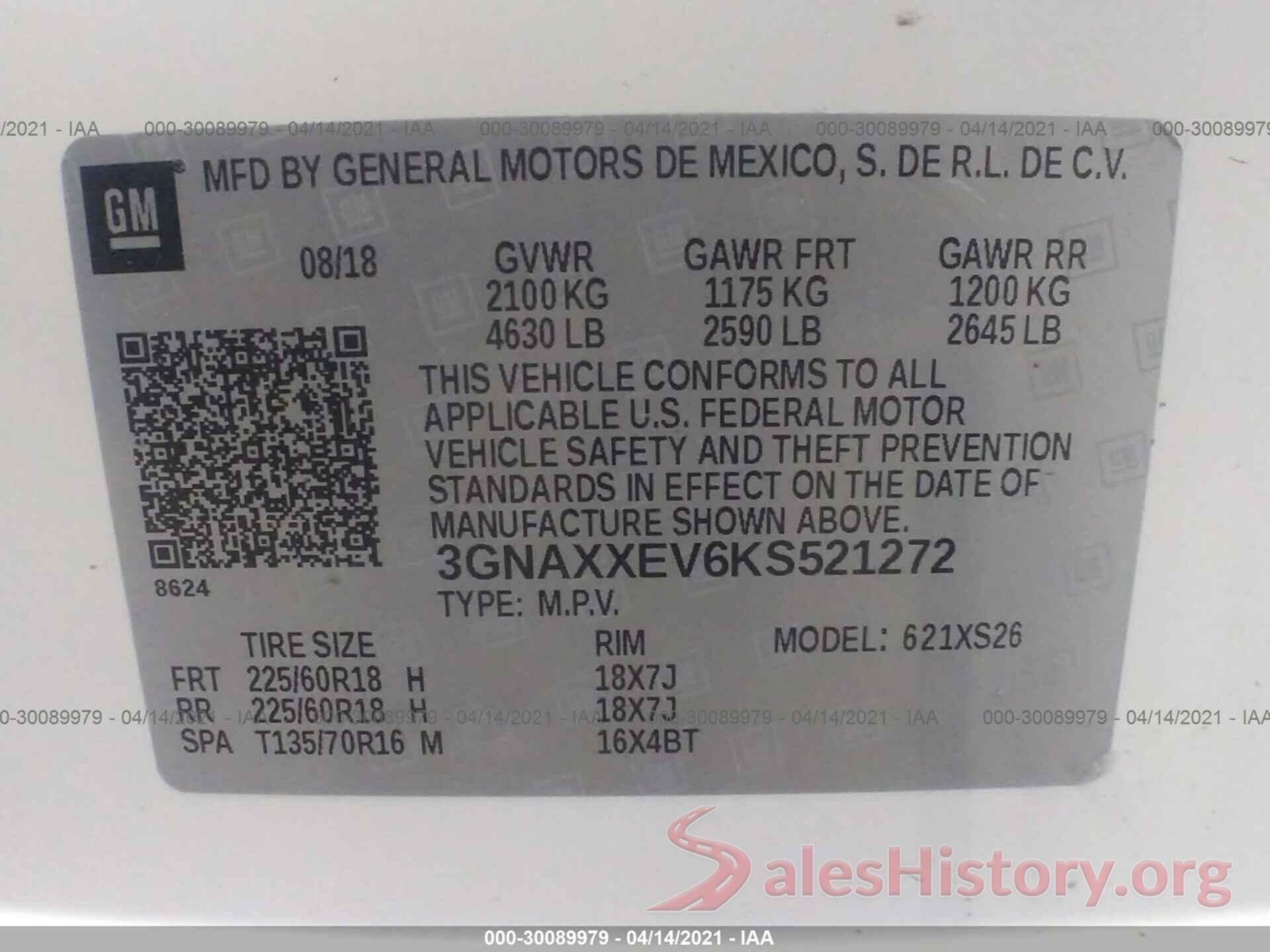 3GNAXXEV6KS521272 2019 CHEVROLET EQUINOX