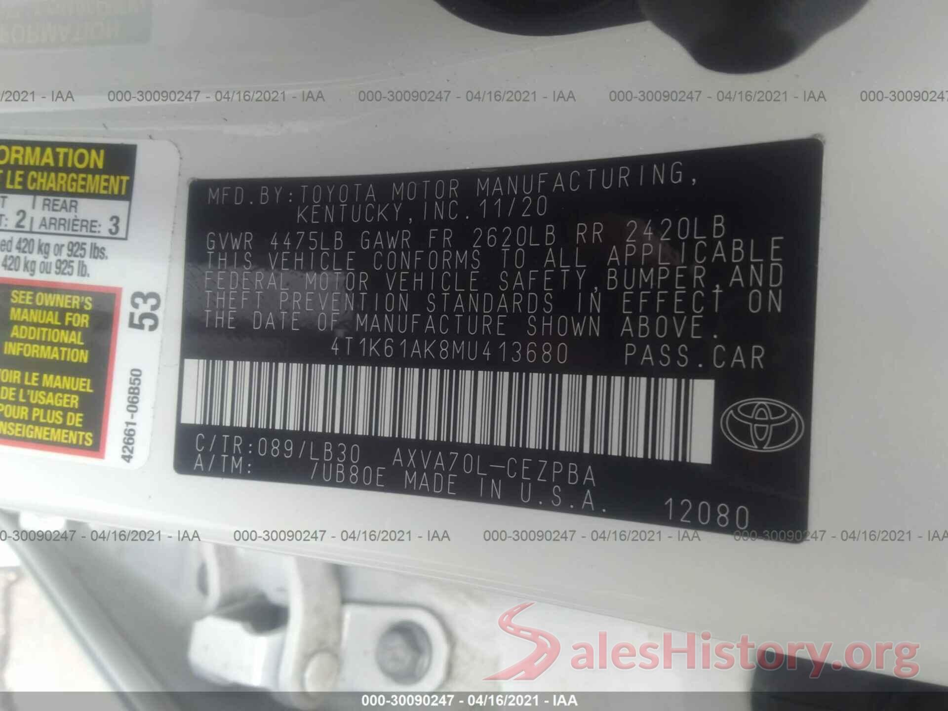 4T1K61AK8MU413680 2021 TOYOTA CAMRY