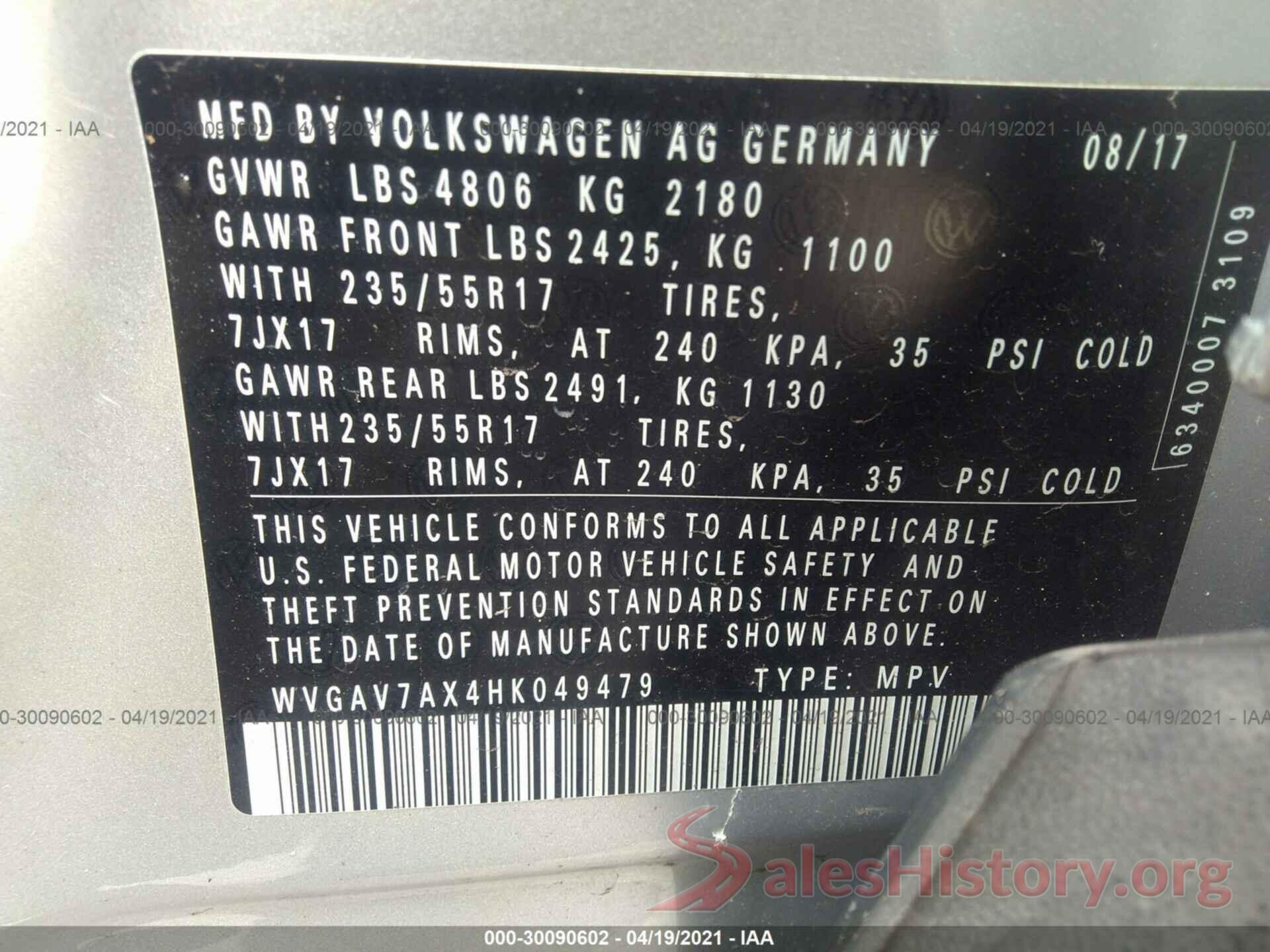 WVGAV7AX4HK049479 2017 VOLKSWAGEN TIGUAN