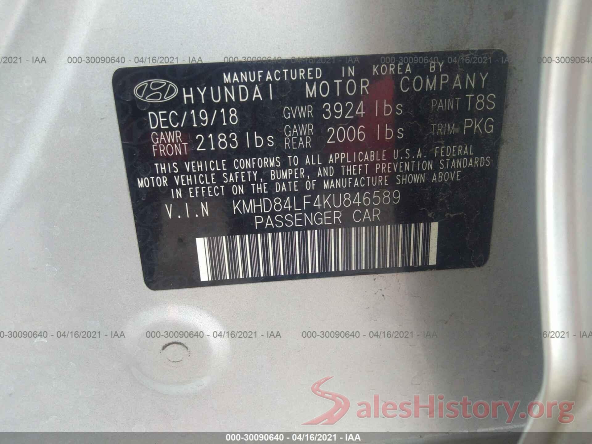 KMHD84LF4KU846589 2019 HYUNDAI ELANTRA