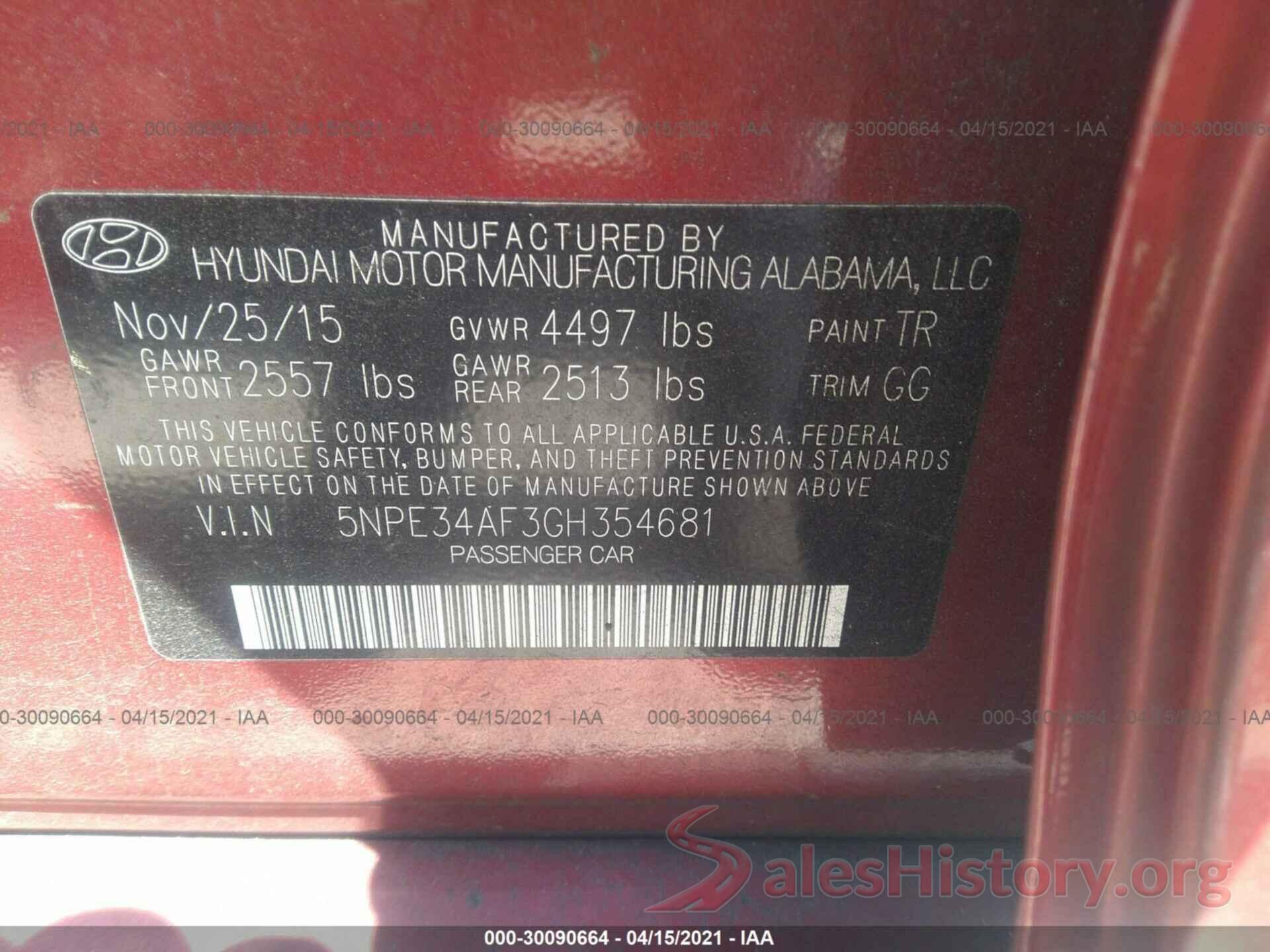 5NPE34AF3GH354681 2016 HYUNDAI SONATA